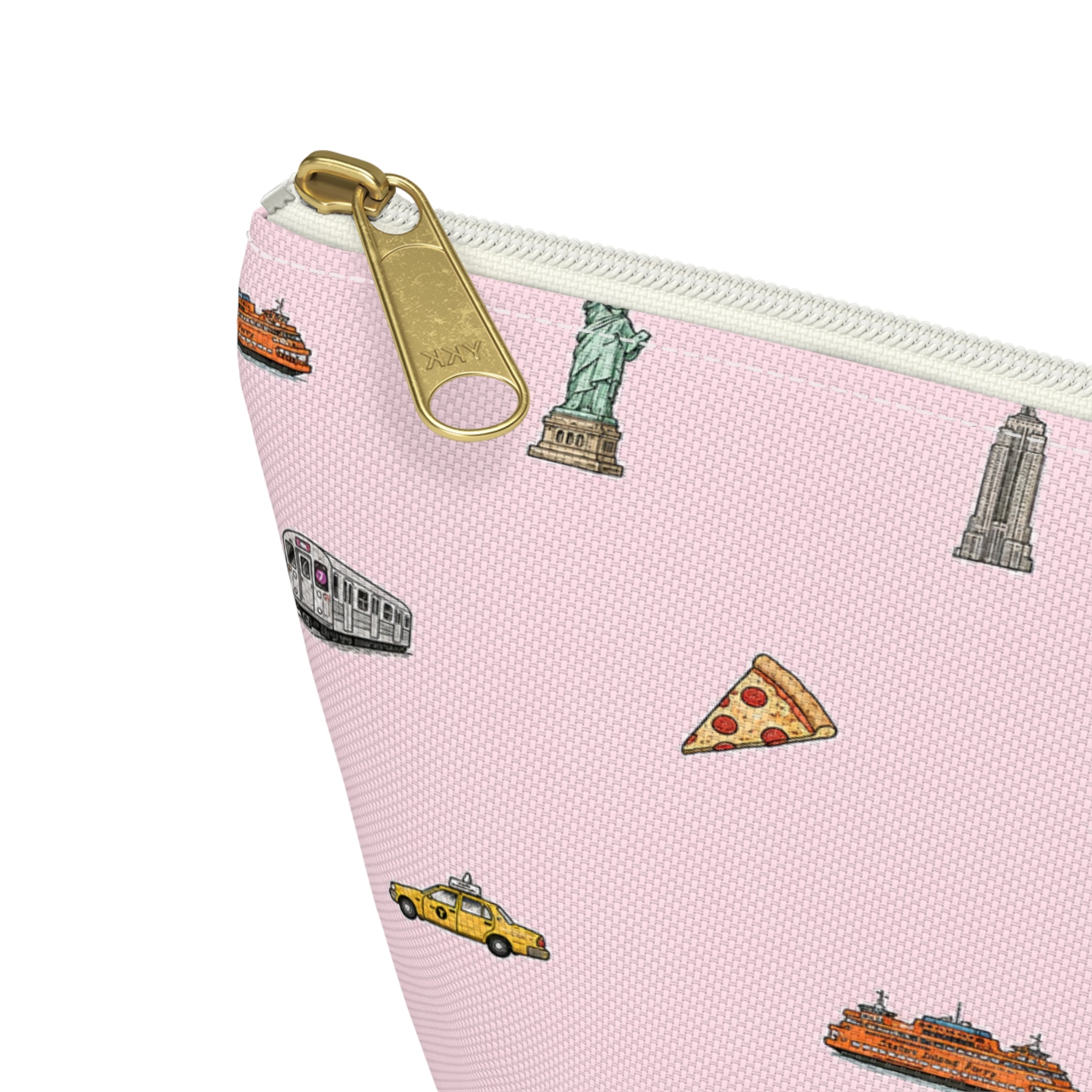 Icons of New York City Pink  Accessory Pouch — T-Bottom Makeup Bag with Statue of Liberty, Taxi & Pizza Pattern