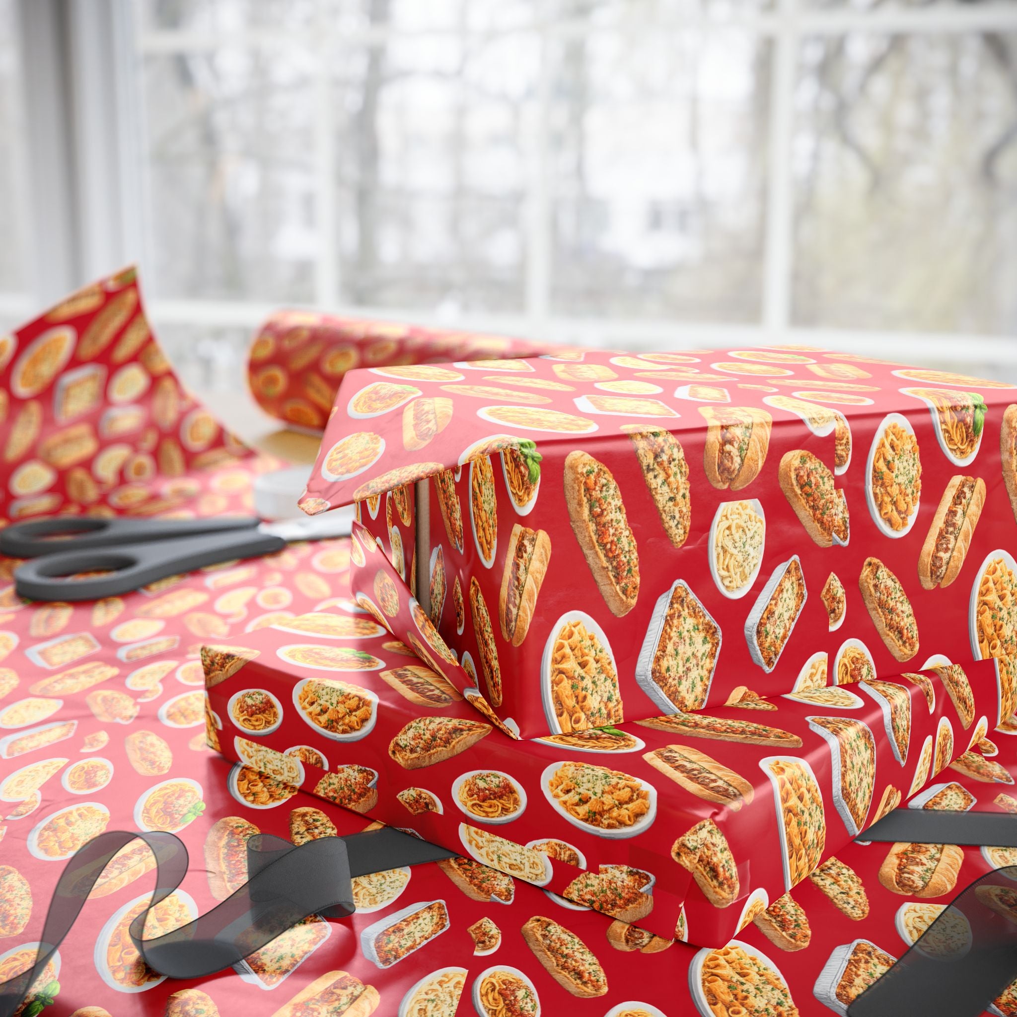 Italian Food Pattern Red Gift Wrap Paper | Pasta Spaghetti Rigatoni Meatball Sub Wrapping Paper Roll, Foodie Party Wrap
