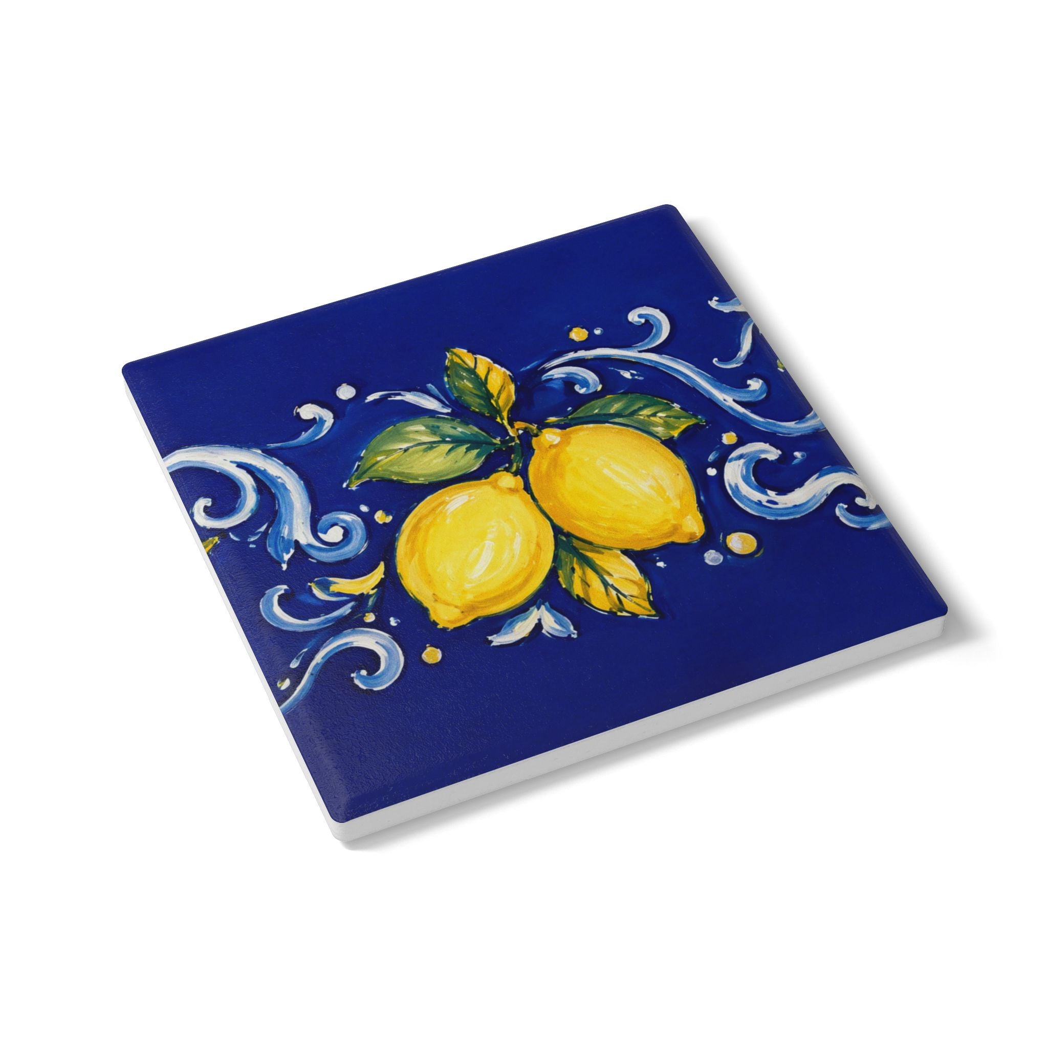 Little Italy Amalfi Blue with Lemon Ceramic Coaster — Mediterranean Lemon Pattern Drink Coaster