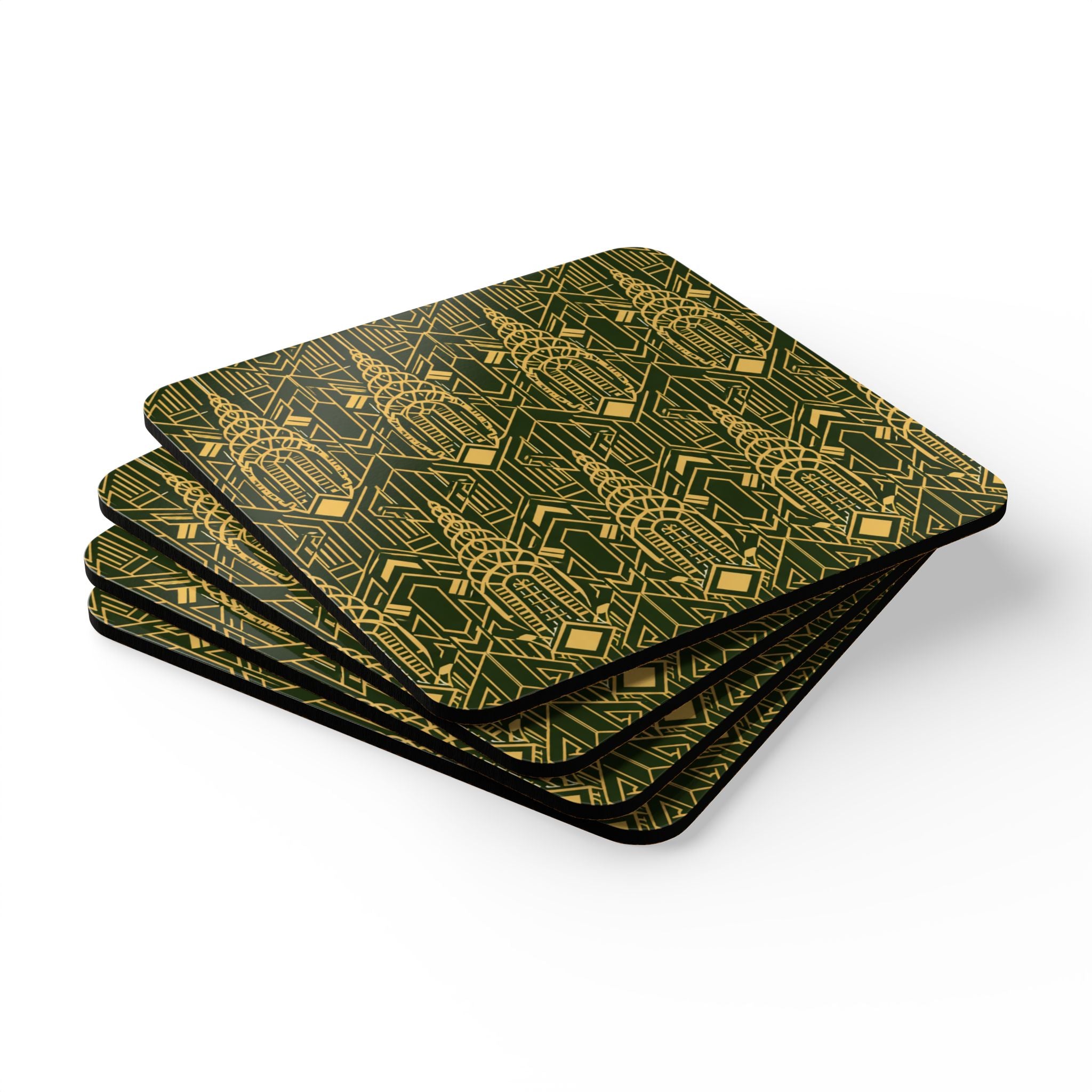 Art Deco Chrysler Building Gold & Green Cork Coaster Set — Geometric Cocktail Coasters (4-Pack)