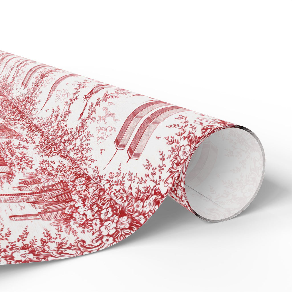 Manhattan NYC Red Toile Gift Wrapping Papers   Chinoiserie Old New York City Gift Wrap Empire State Building Twin Towers Statue of Liberty