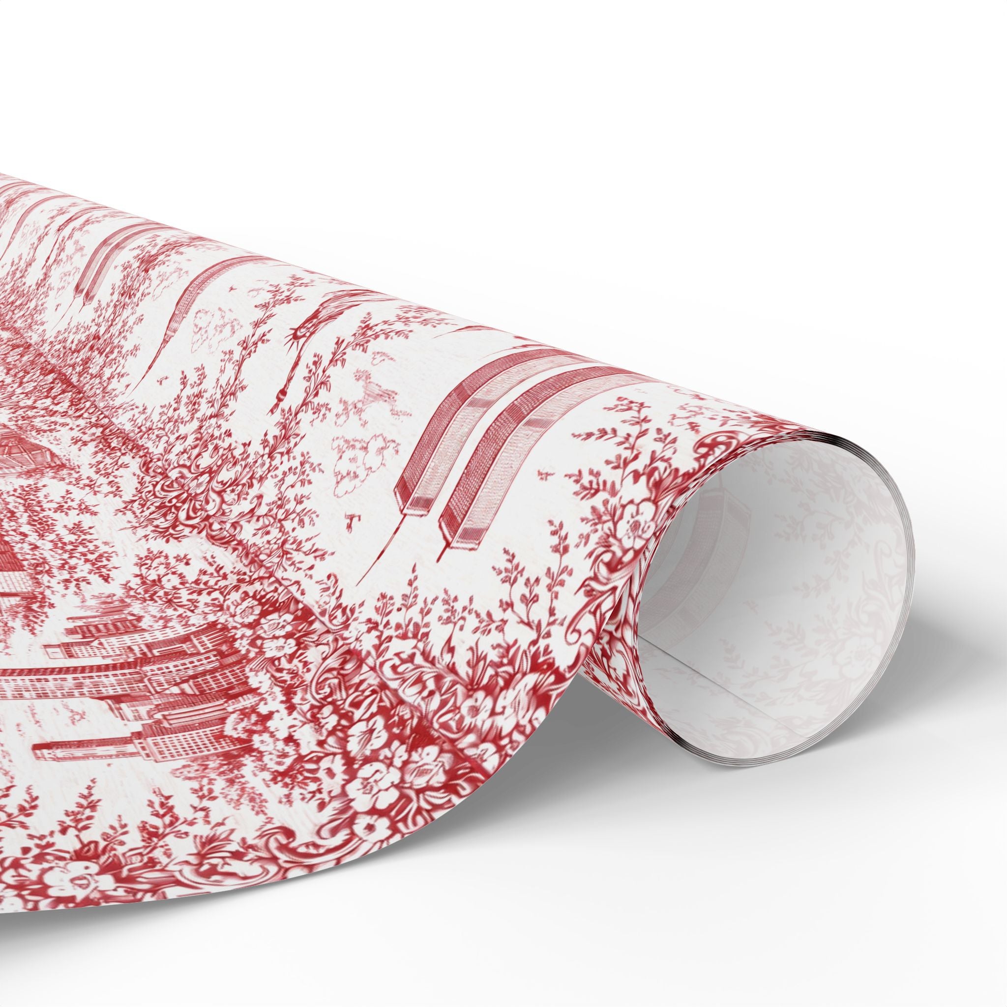 Manhattan NYC Red Toile Gift Wrapping Papers   Chinoiserie Old New York City Gift Wrap Empire State Building Twin Towers Statue of Liberty