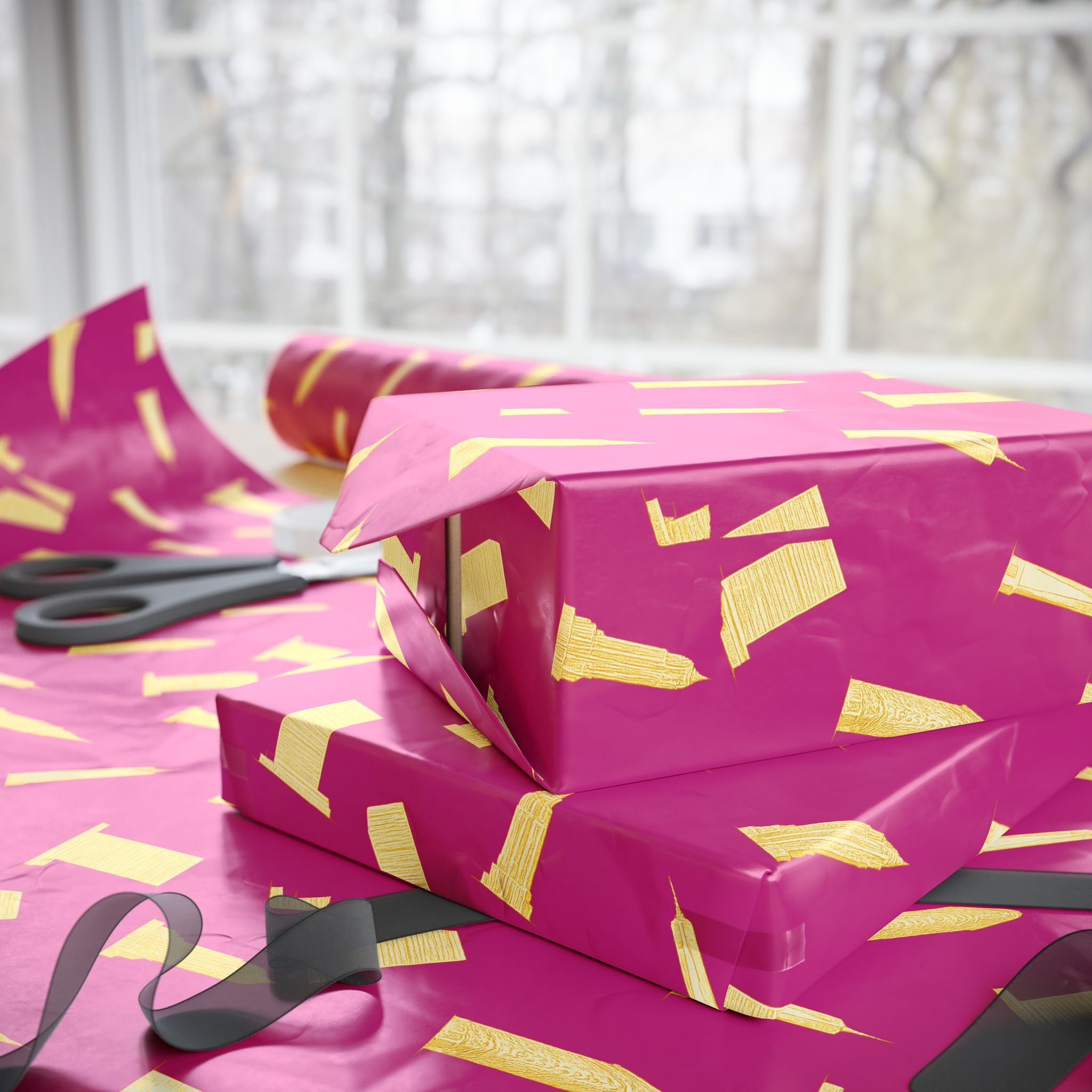 NYC Architecture Gold on Pink Pattern Gift Wrap Paper | Iconic New York Buildings Empire State Chrysler Flatiron Wrapping Paper