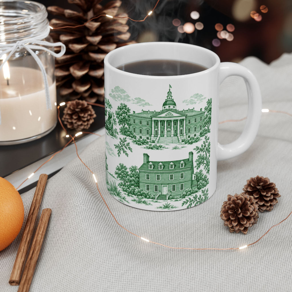 Annapolis Green Toile de Jouy Ceramic Mug – Vintage Scenic 11oz Mug