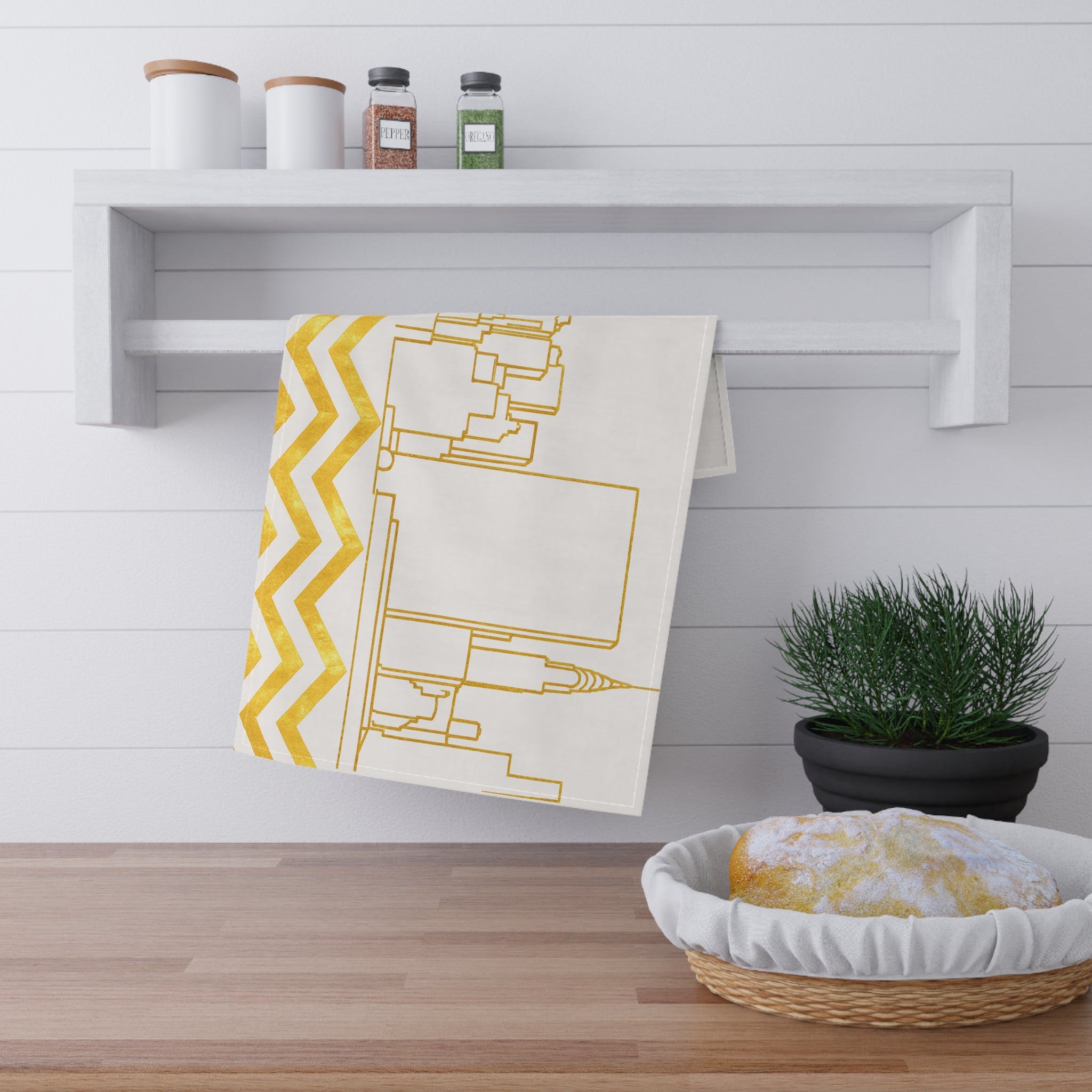 NYC Manhattan Skyline Gold Chevron Tea Towel — Minimal Gold & White New York City Skyline Kitchen Linen