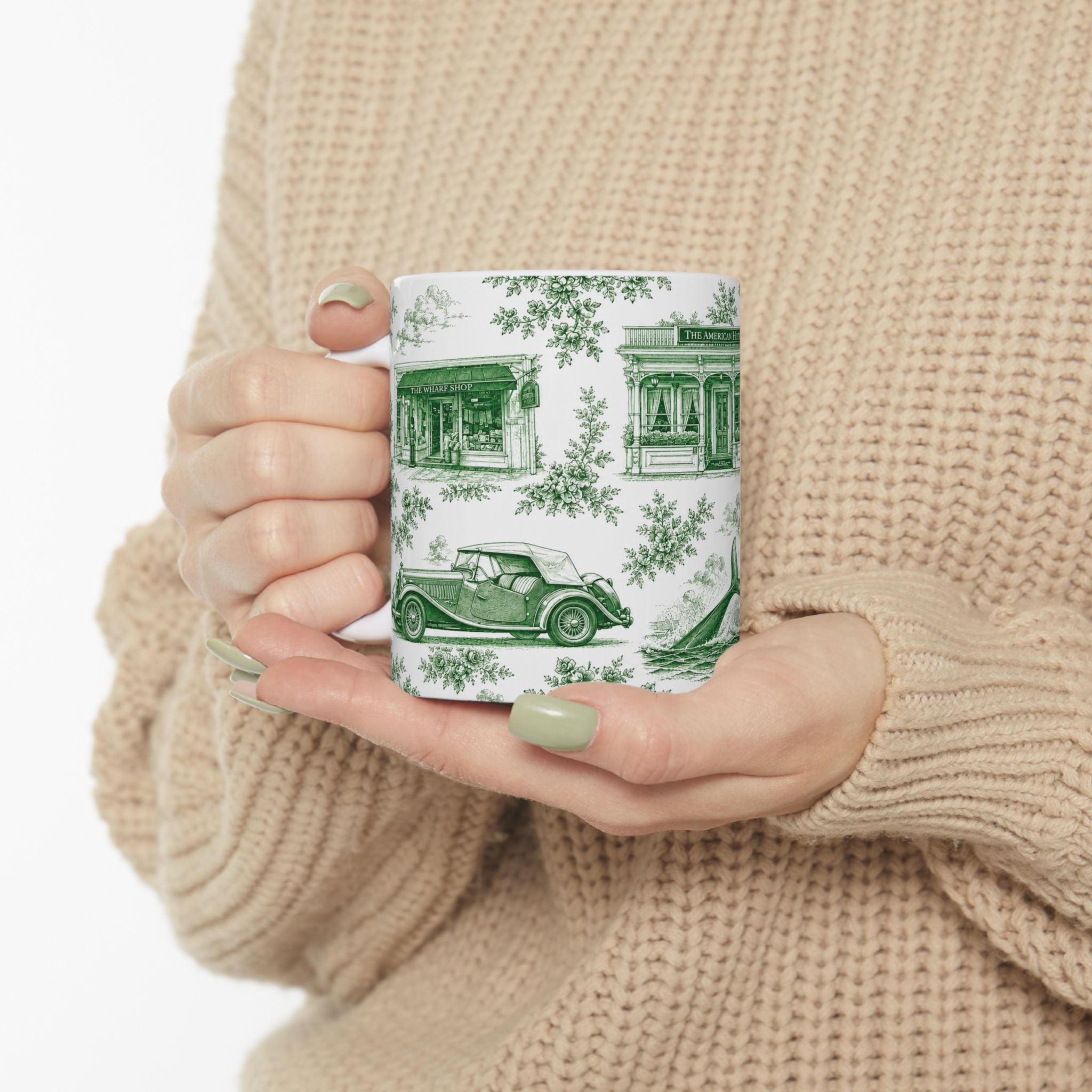 Sag Harbor Green Toile de Jouy Mug | Hamptons Chinoiserie Ceramic Coffee Cup