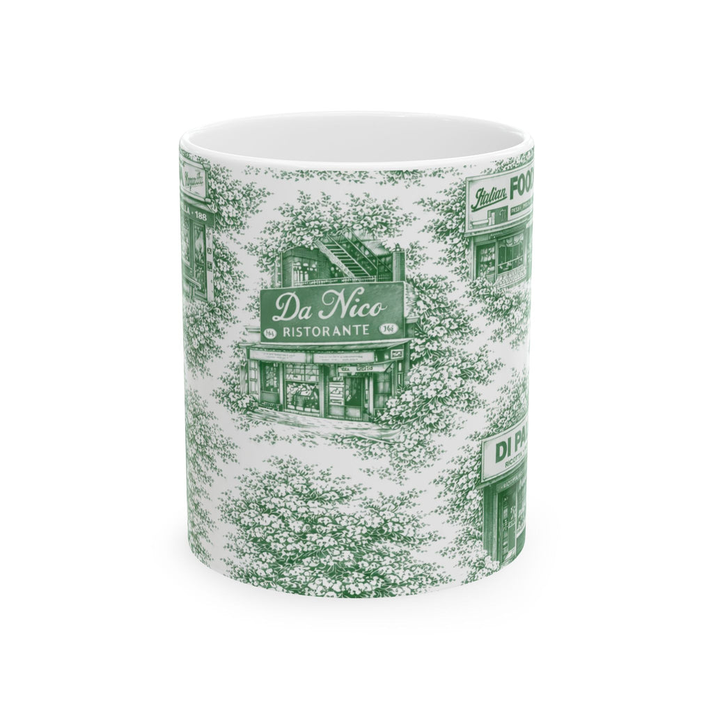 Little Italy Green Toile Cityscape Mug | NYC Chinoiserie Ceramic Coffee Cup