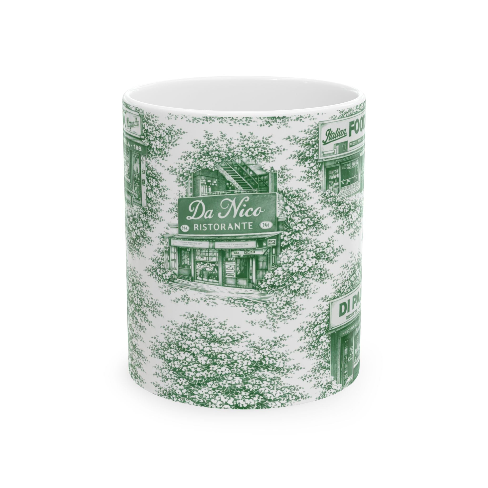 Little Italy Green Toile Cityscape Mug | NYC Chinoiserie Ceramic Coffee Cup