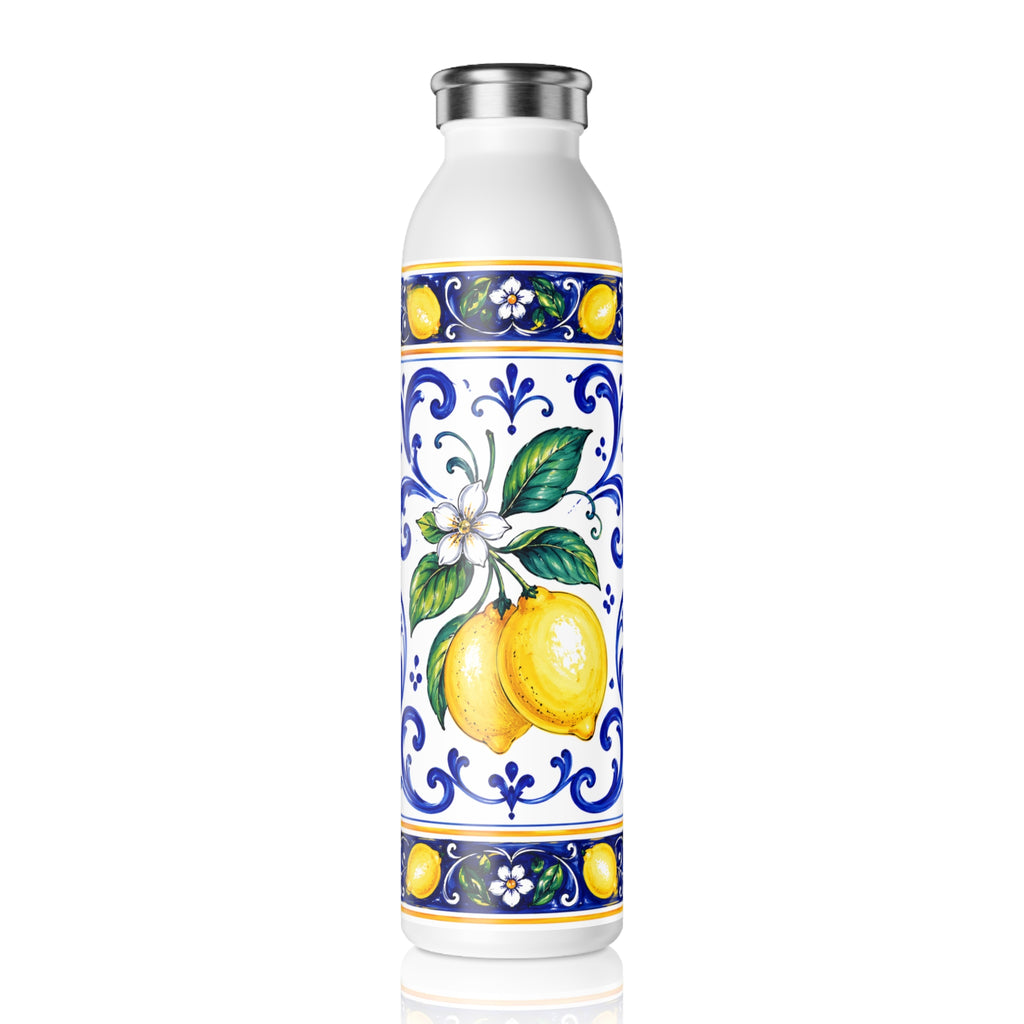 Little Italy Amalfi Blue and White with Lemon Slim Water Bottle — Mediterranean Lemon Ceramic-Style Stainless Bottle