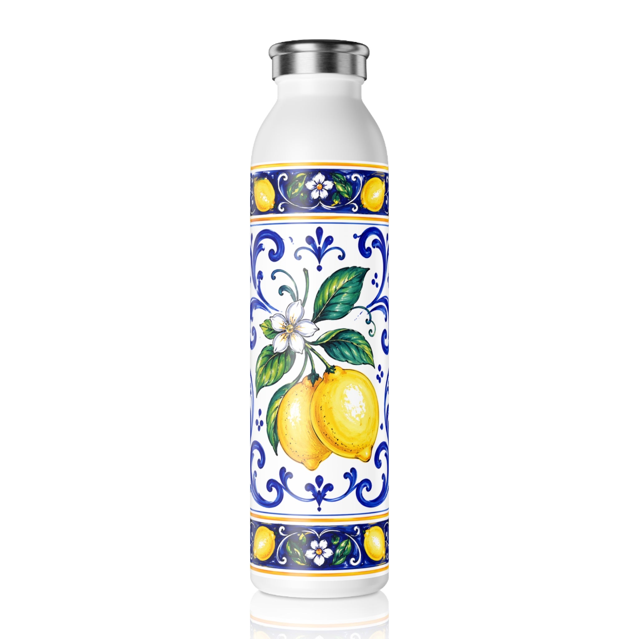Little Italy Amalfi Blue and White with Lemon Slim Water Bottle — Mediterranean Lemon Ceramic-Style Stainless Bottle