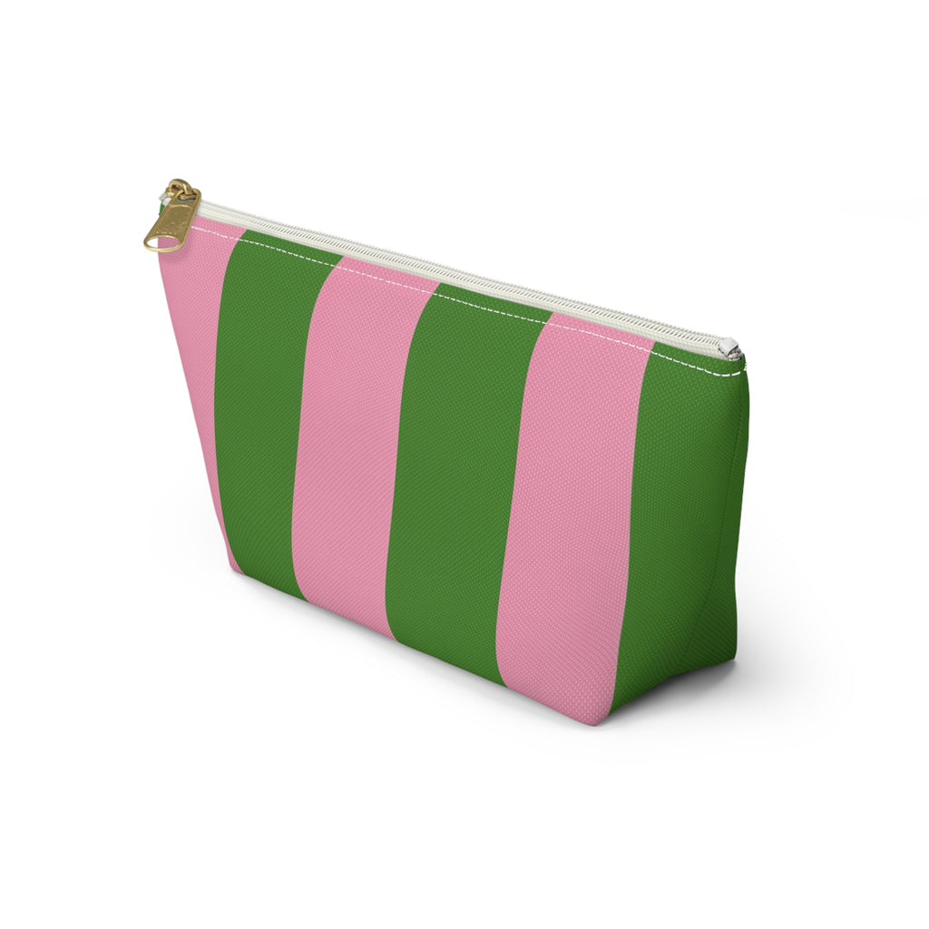 Customizable Striped Accessory Pouch — Pink & Green T-Bottom Makeup Bag