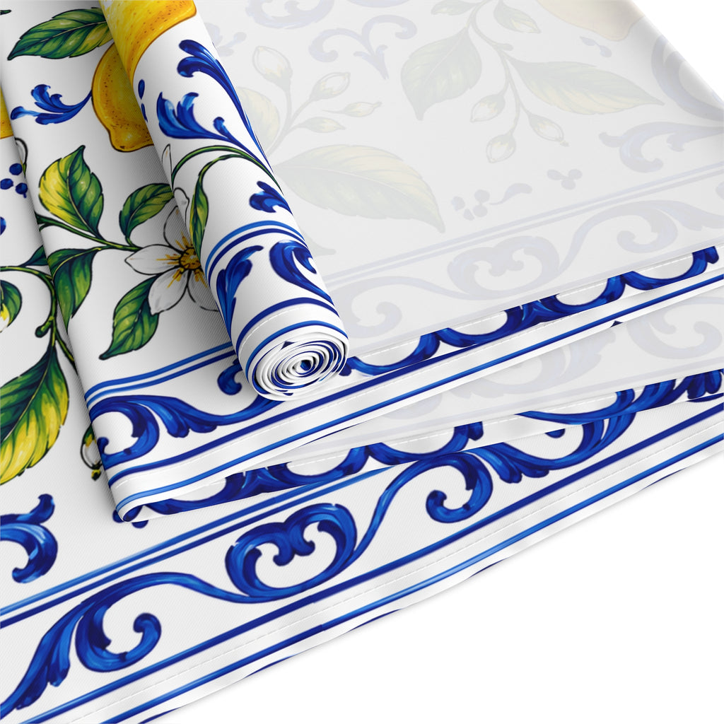 Little Italy Amalfi Blue and White with Lemon Table Runner – Mediterranean Blue & Yellow Dining Decor