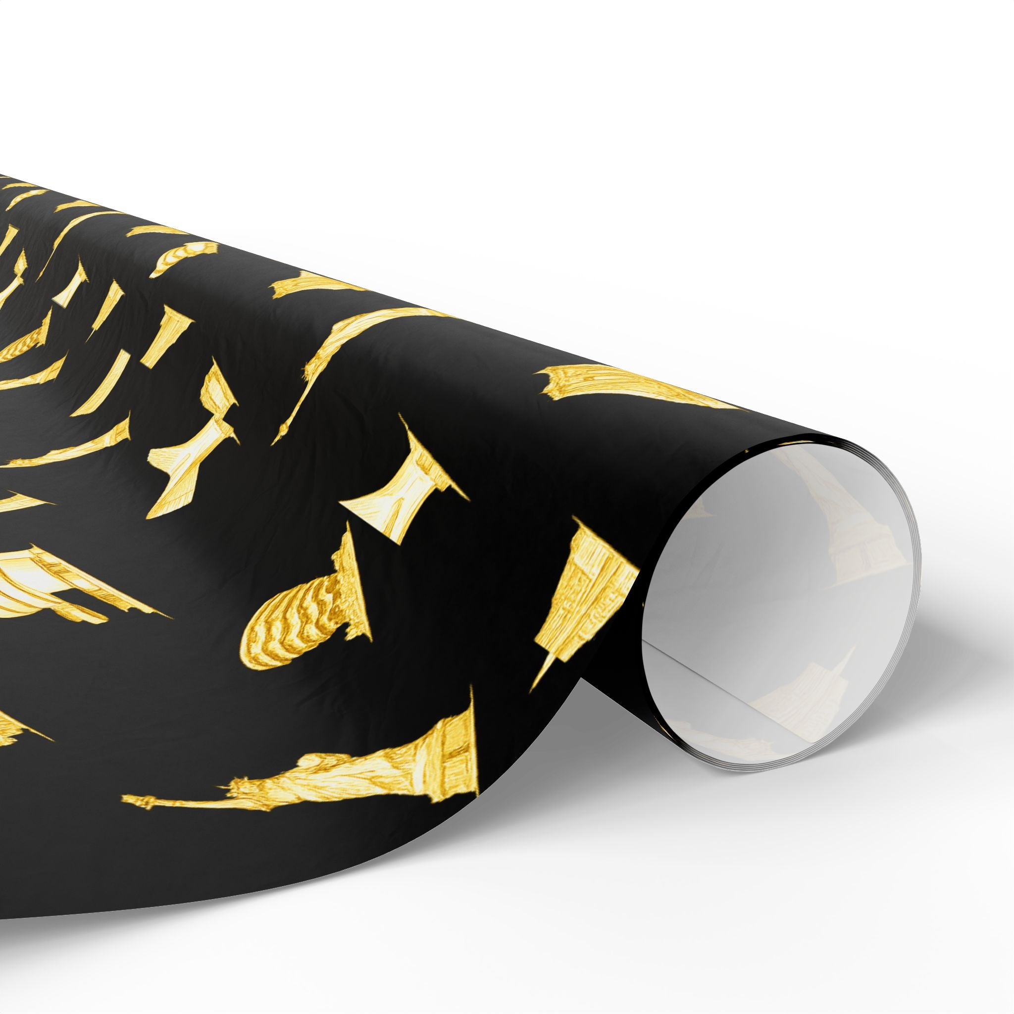 Gold NYC Landmarks on Black Gift Wrap Paper | New York Statue of Liberty Oculus Vessel Brooklyn Bridge Guggenheim Wrapping Paper Roll