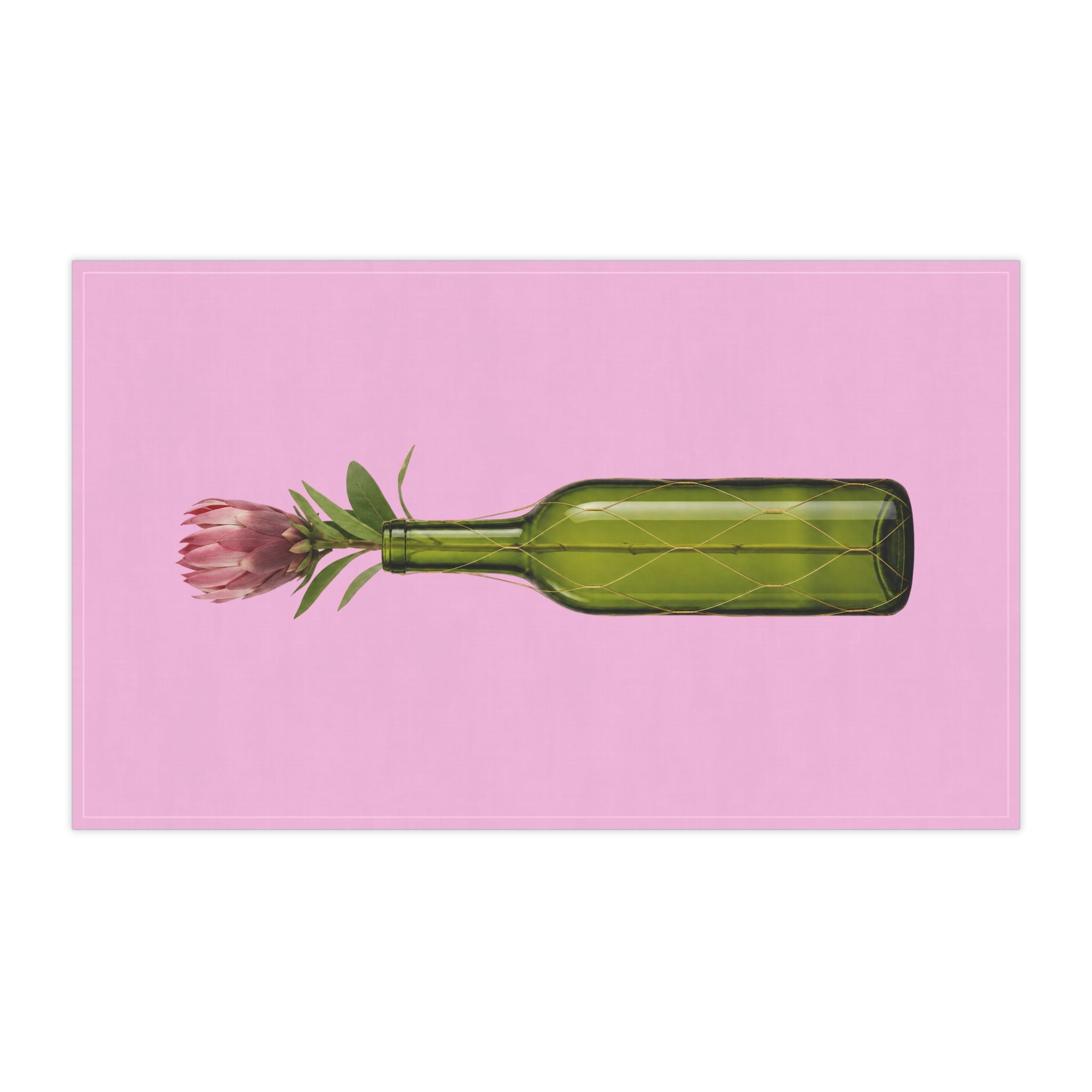 Pink Wine Bottle Tea Towel — Green Bottle with Protea on Pink Floral Kitchen Towel Hostess Gift