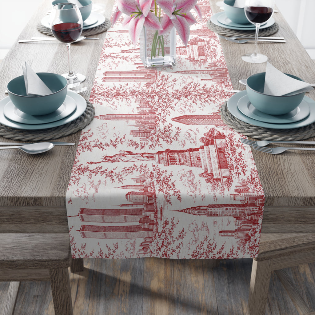 Red Toile de Jouy New York City Cityscape Table Runner — Scenic NYC Chinoiserie Skyline Dining Table Decor
