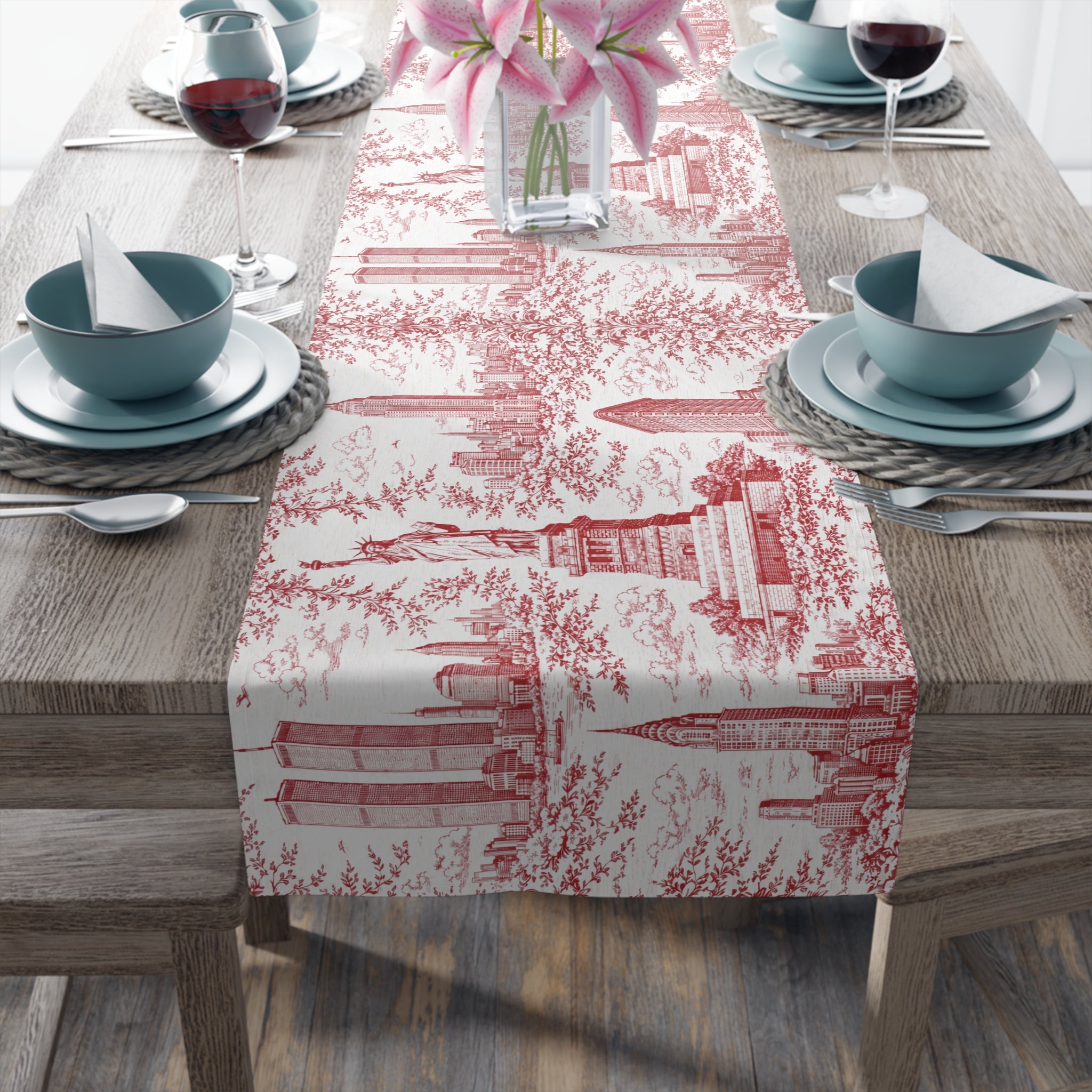 Red Toile de Jouy New York City Cityscape Table Runner — Scenic NYC Chinoiserie Skyline Dining Table Decor
