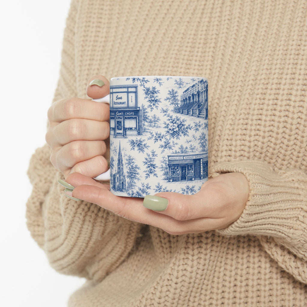 Cobble Hill Blue Toile de Jouy Mug | NYC Chinoiserie Ceramic Coffee Cup