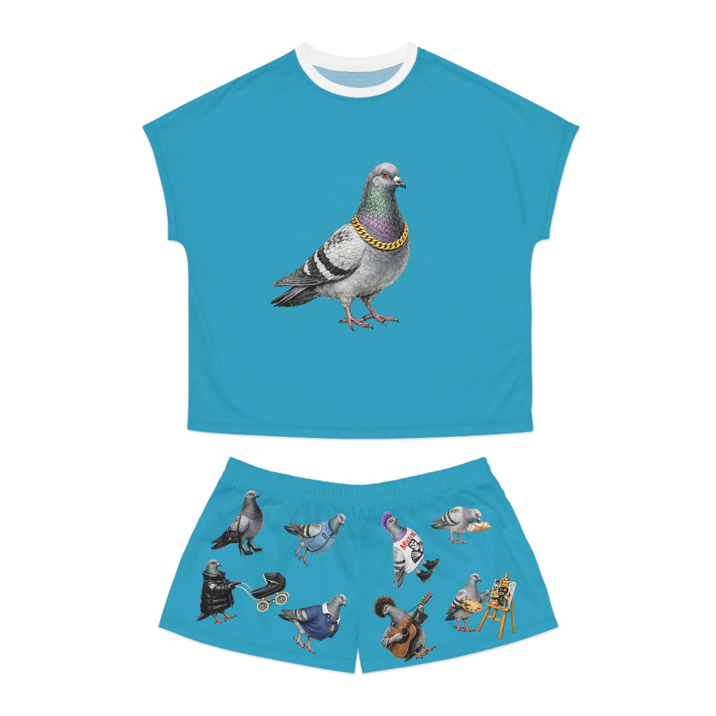 Blue NYC Pigeon Pattern Short Pajama Set | New York City Bird Lovers PJs Cozy Sleepwear