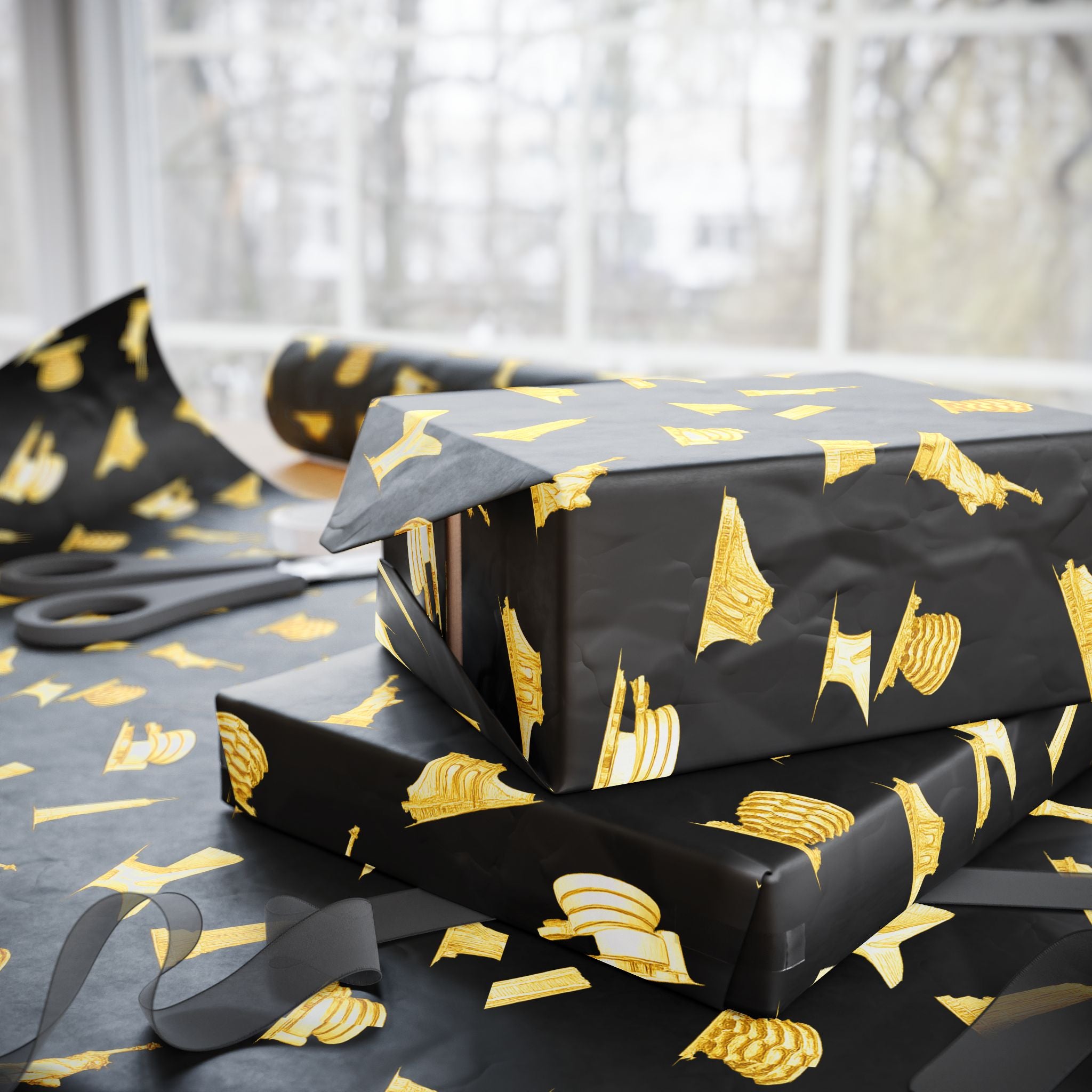 Gold NYC Landmarks on Black Gift Wrap Paper | New York Statue of Liberty Oculus Vessel Brooklyn Bridge Guggenheim Wrapping Paper Roll
