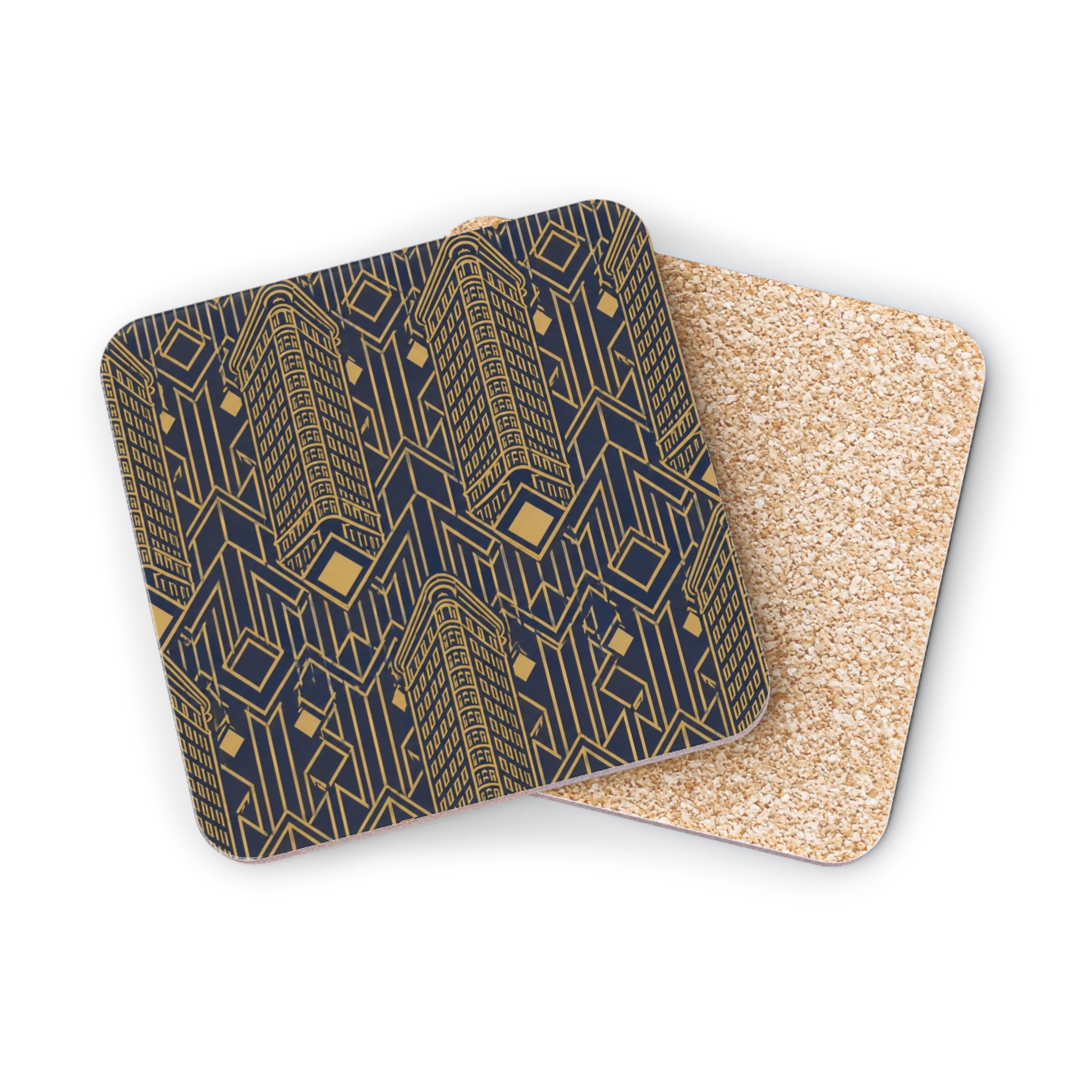 Art Deco Flatiron Building Gold & Navy Cork Coaster Set — Geometric Vintage Cocktail Coasters Set of 4