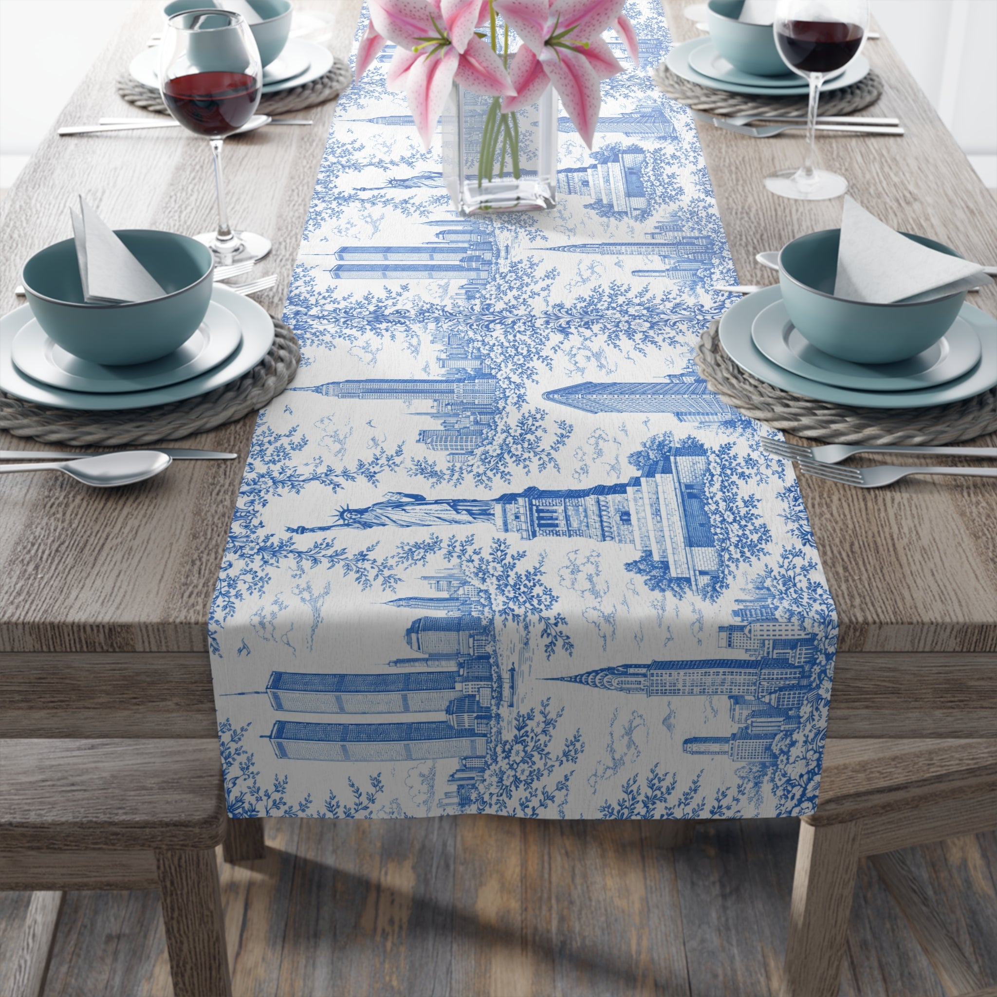 Blue Toile de Jouy New York City Cityscape Table Runner — Scenic NYC Chinoiserie Skyline Dining table Decor
