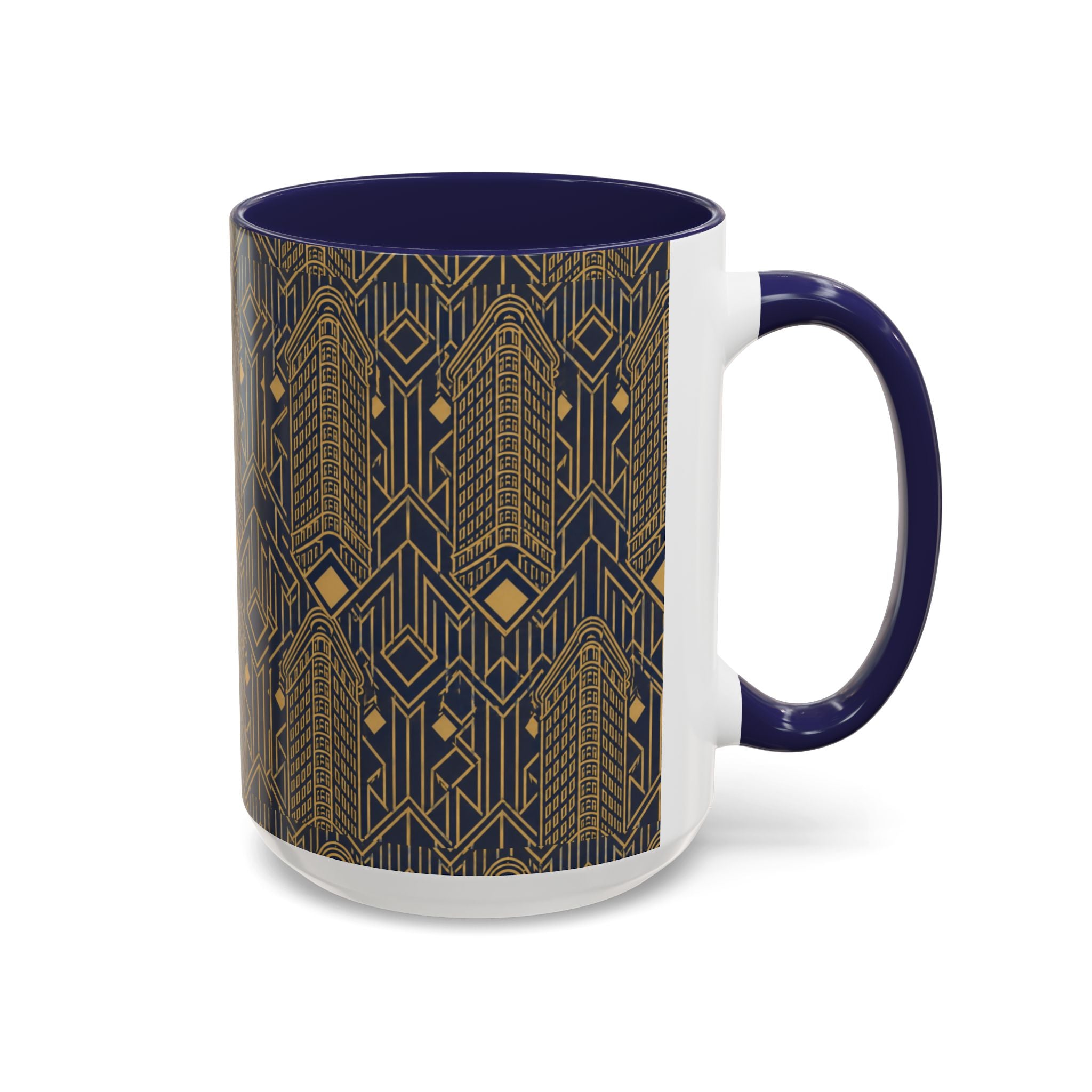 Art Deco Flatiron Building Navy & Gold Accent Coffee Mug — Manhattan Art Deco Pattern 11 oz