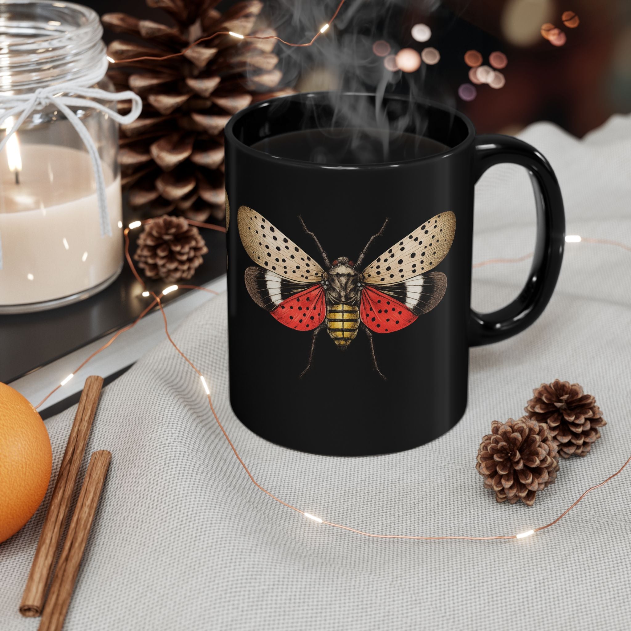 NYC Spotted Lanternfly Illustration Coffee Mug – New York Summer Insect Black Ceramic 11oz