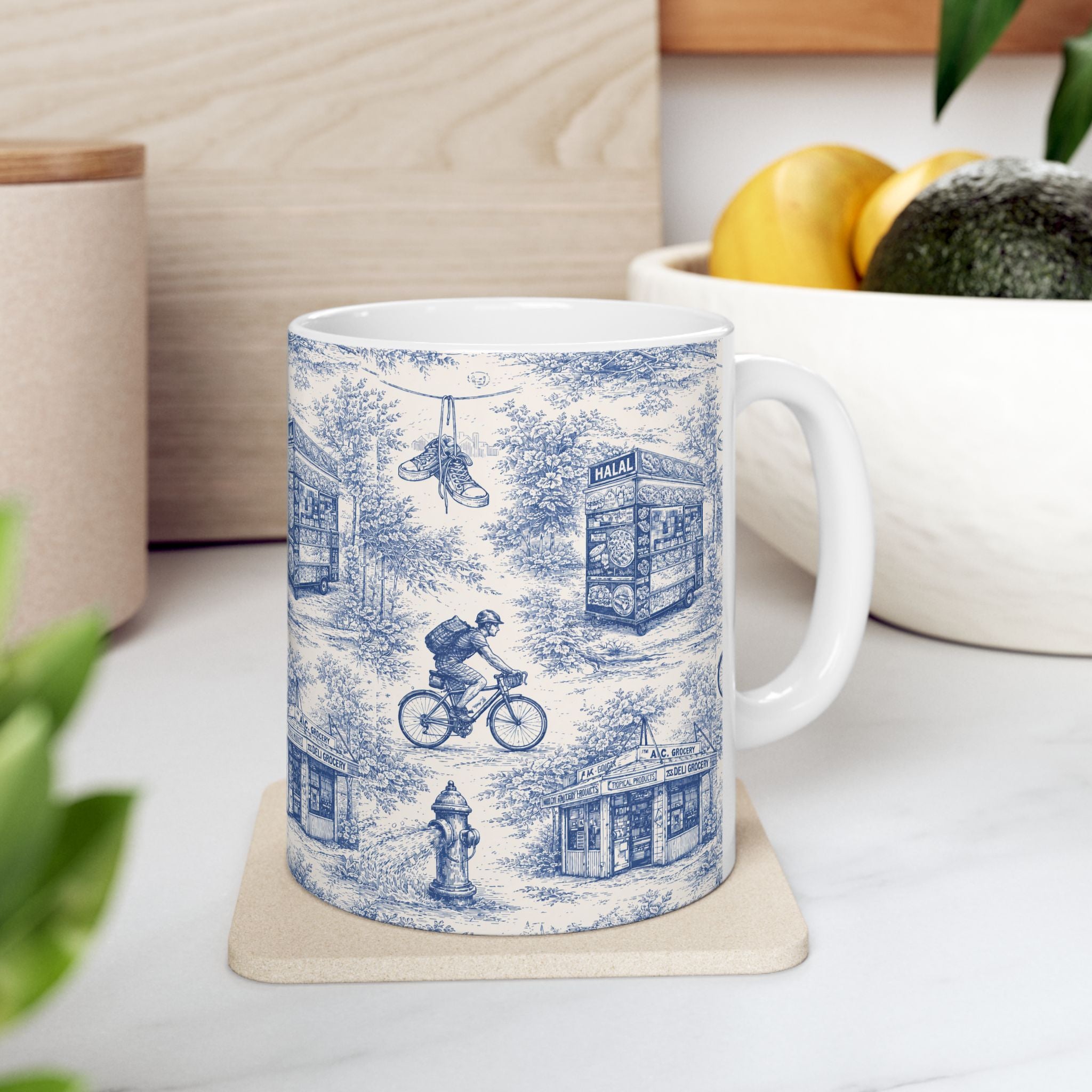 NYC Blue and White Toile City Scenes Mug | Chinoiserie Ceramic Coffee Cup