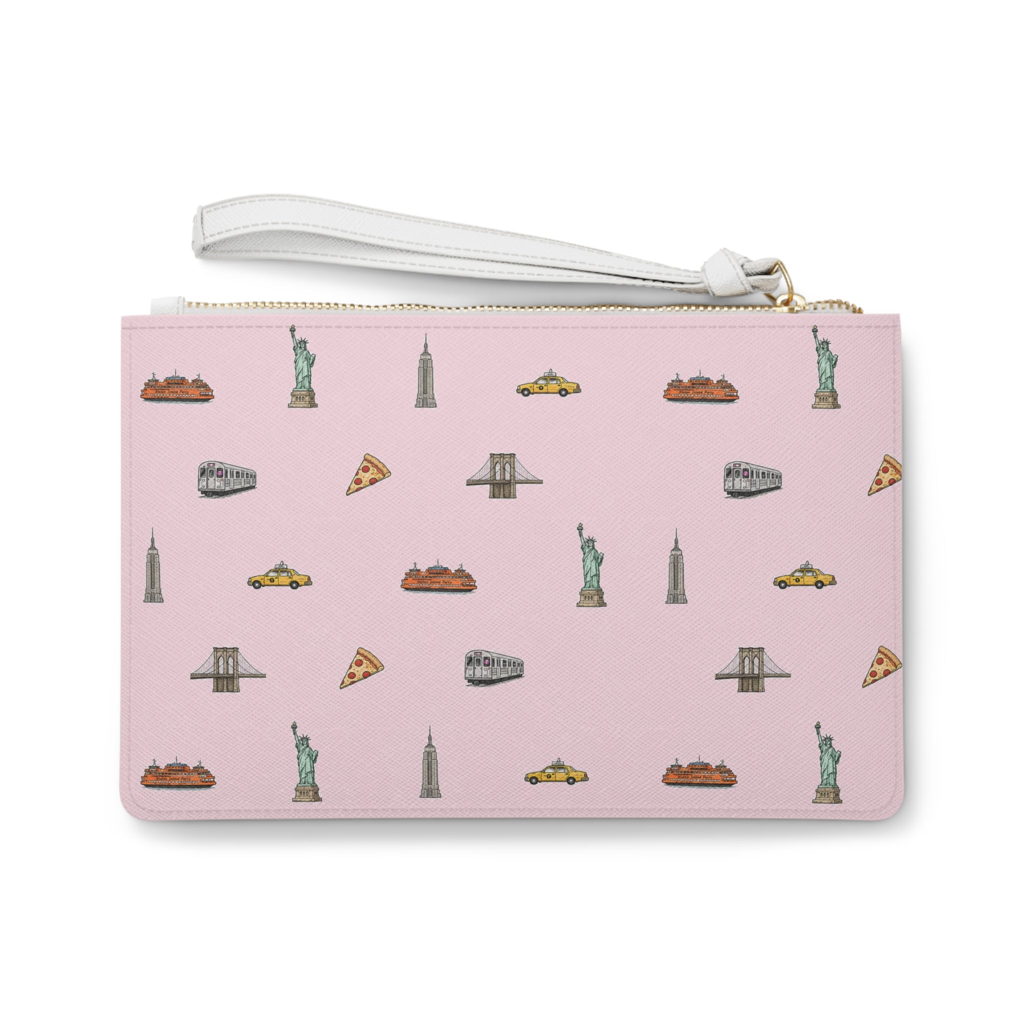 Icons of New York City Pink Make-up Bag — Statue of Liberty, Taxi & Pizza Pattern