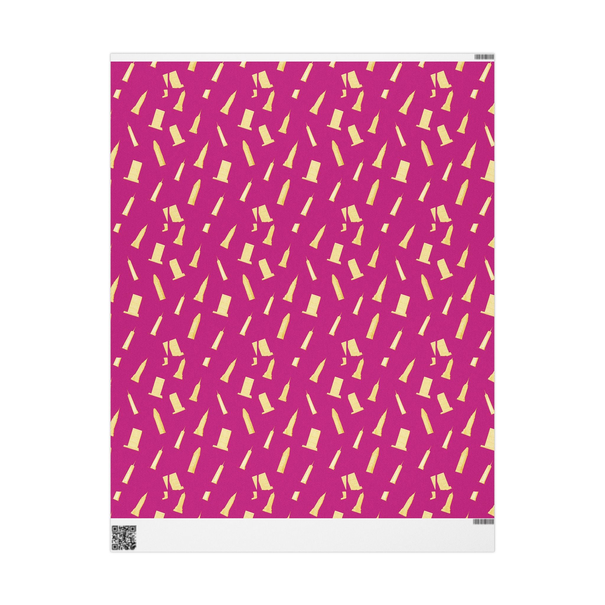 NYC Architecture Gold on Pink Pattern Gift Wrap Paper | Iconic New York Buildings Empire State Chrysler Flatiron Wrapping Paper