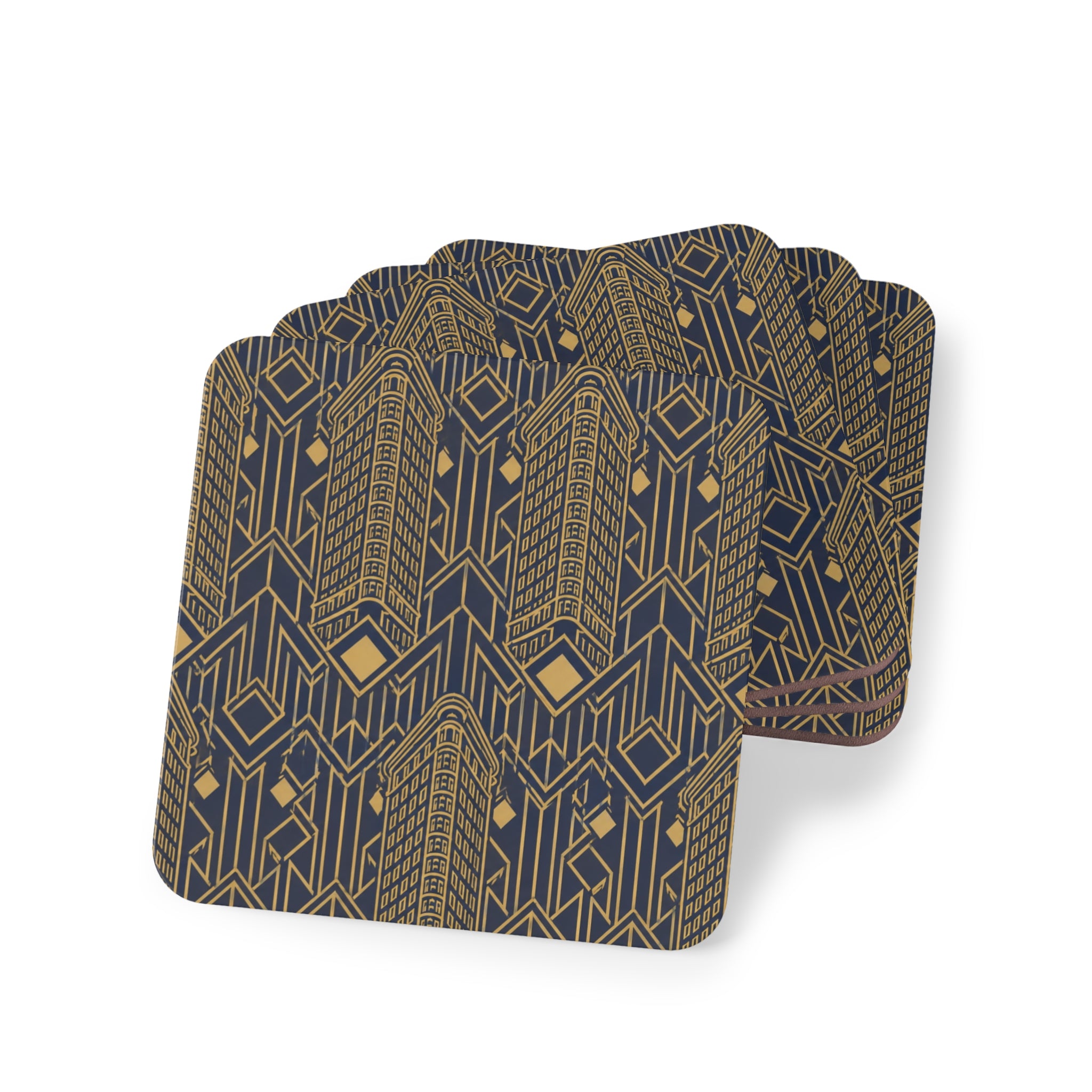 Art Deco Flatiron Building Gold & Navy Cork Coaster Set — Geometric Vintage Cocktail Coasters Set of 4