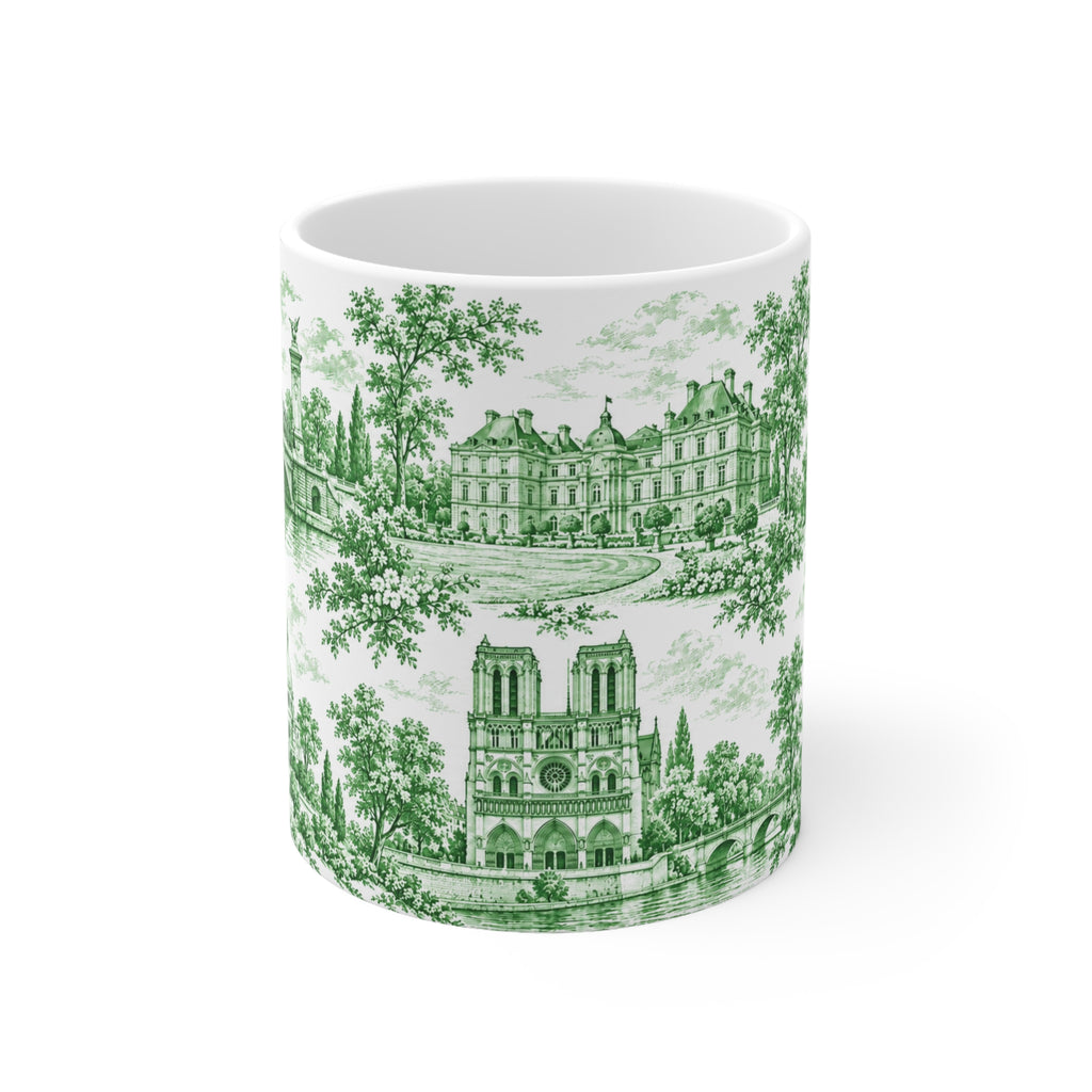 Paris Green and White Toile Ceramic Mug —  (11oz; Ships from Europe)