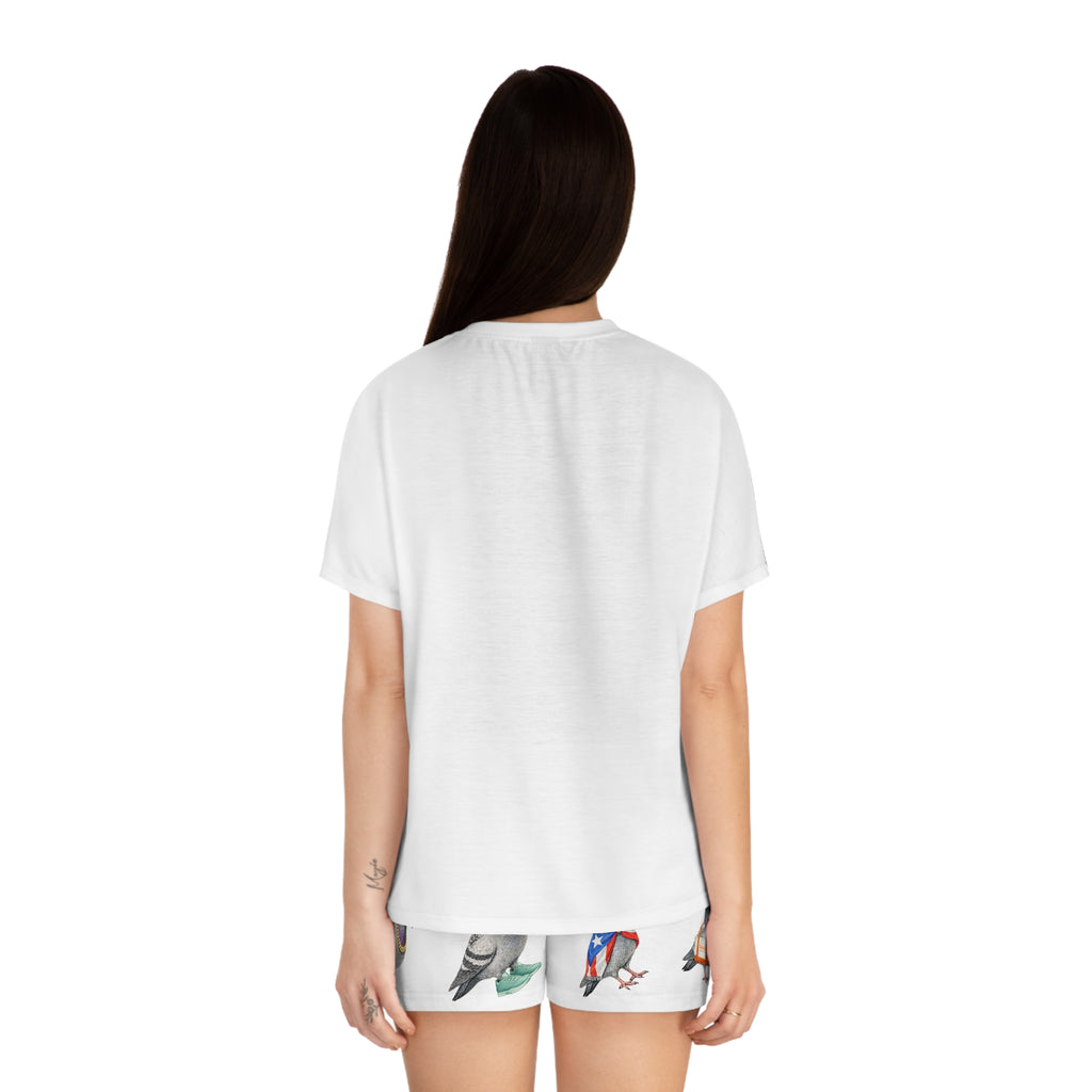 White NYC Pigeons Pattern Short Pajama Set | New York City Bird Lovers PJs Cozy Sleepwear
