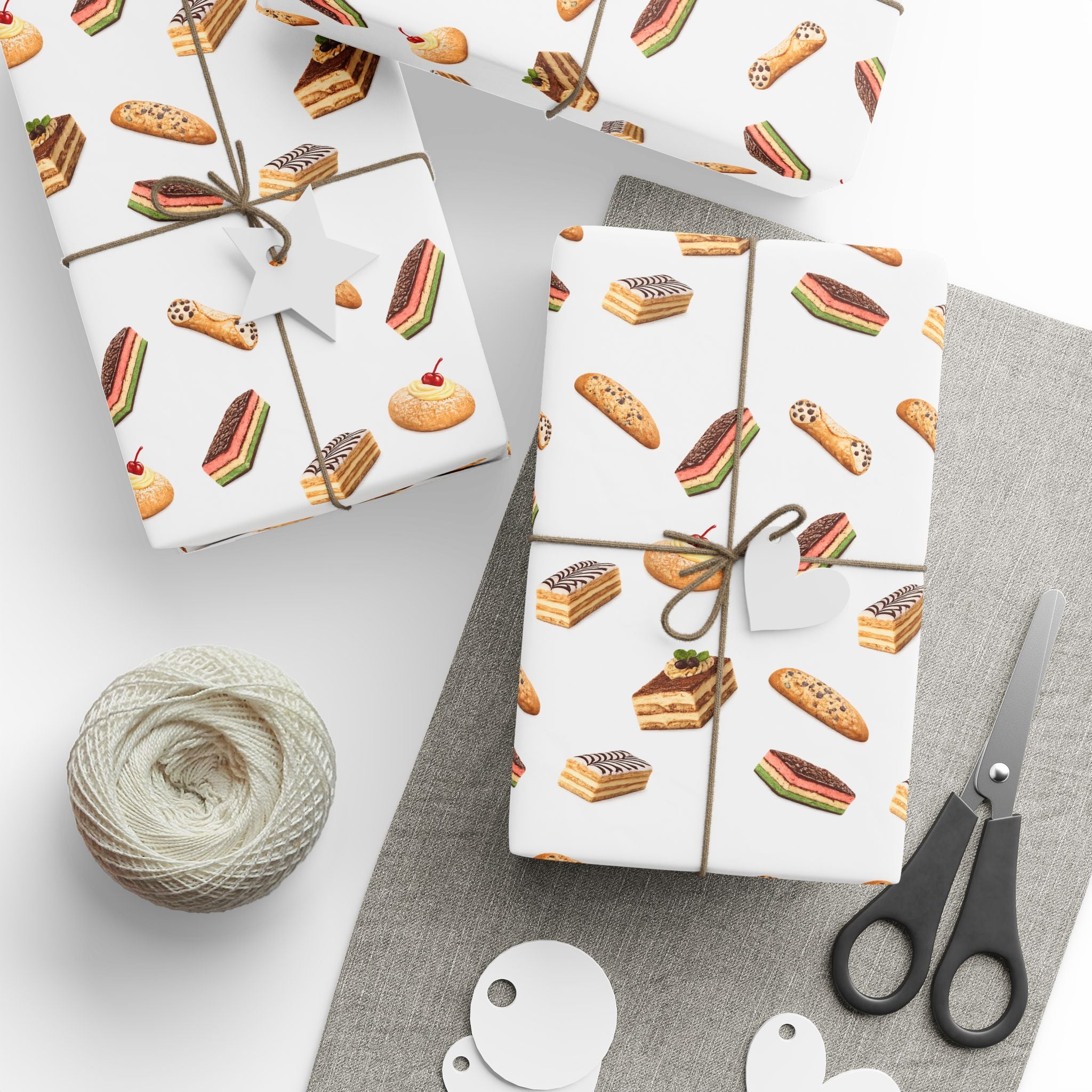 Italian Bakery Pastry Pattern Gift Wrap Paper | White Bakery Pastries Biscotti Tiramisu Rainbow Cookies Wrapping Paper Roll