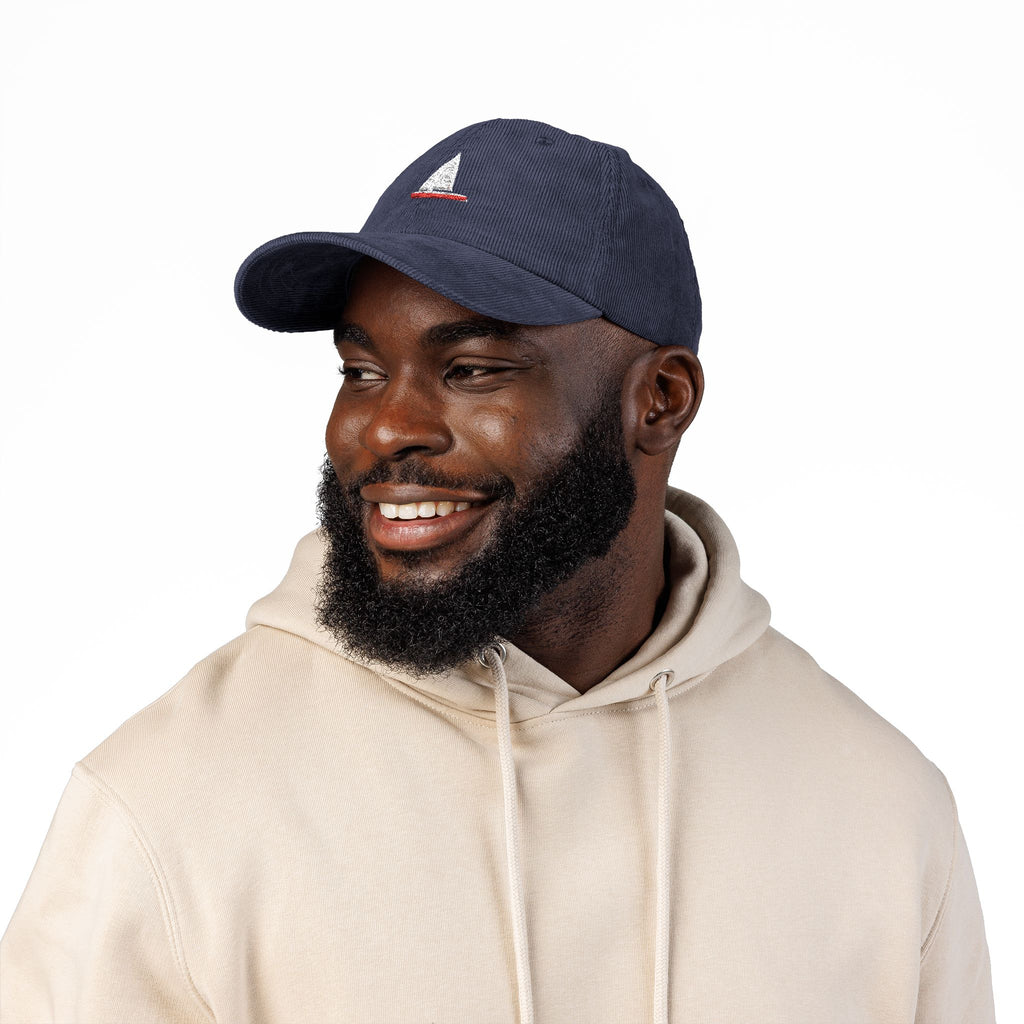 Central Park Model Sailboat Embroidered Corduroy Cap — Navy Trucker Hat