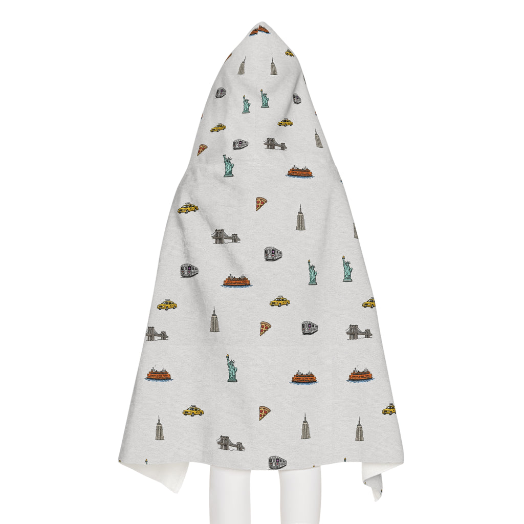 Icons of New York City Heather Gray Hooded Kids Towel — Statue of Liberty, Pizza & Skyline Childrens Towel