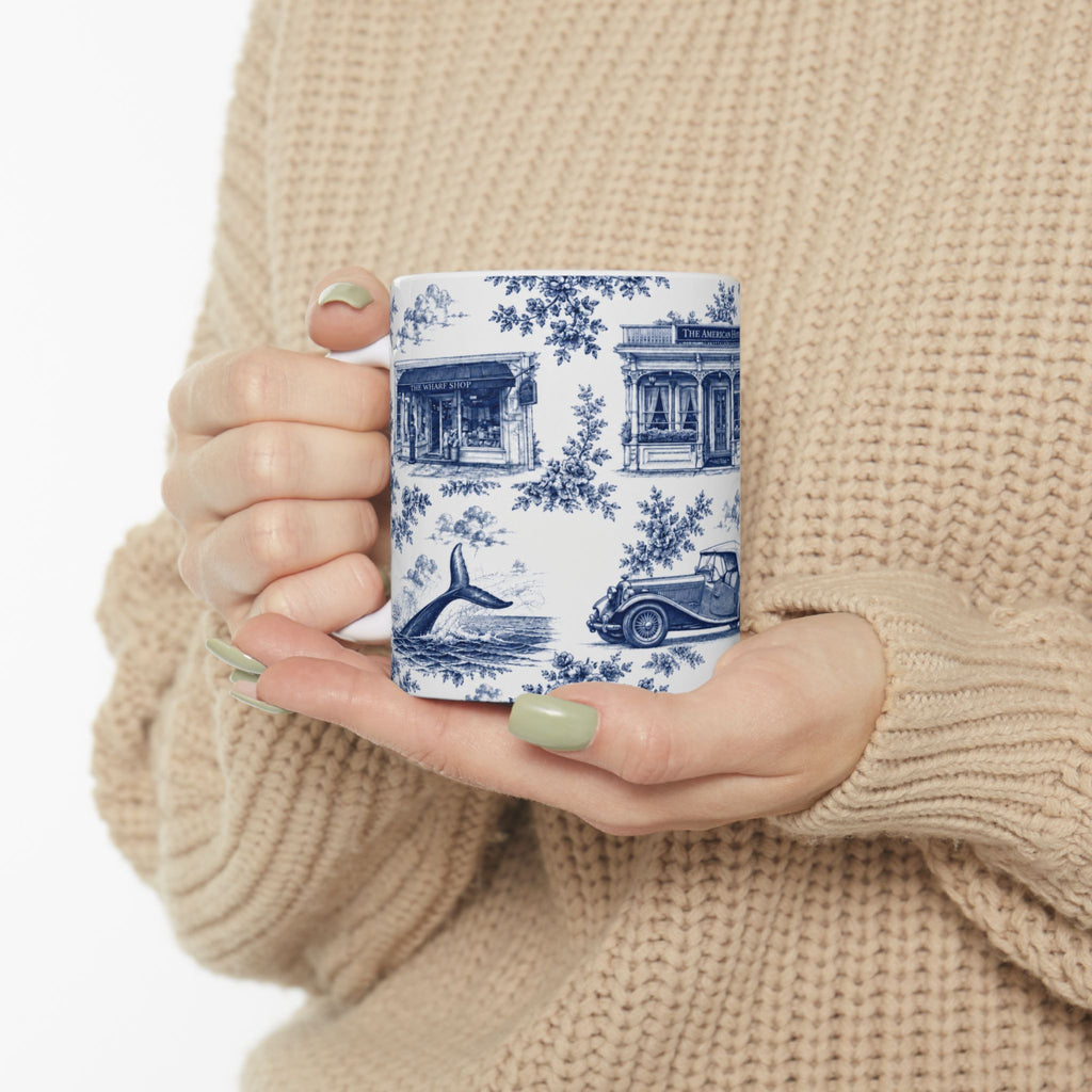 Sag Harbor Blue Toile de Jouy Mug | Hamptons Chinoiserie Ceramic Coffee Cup