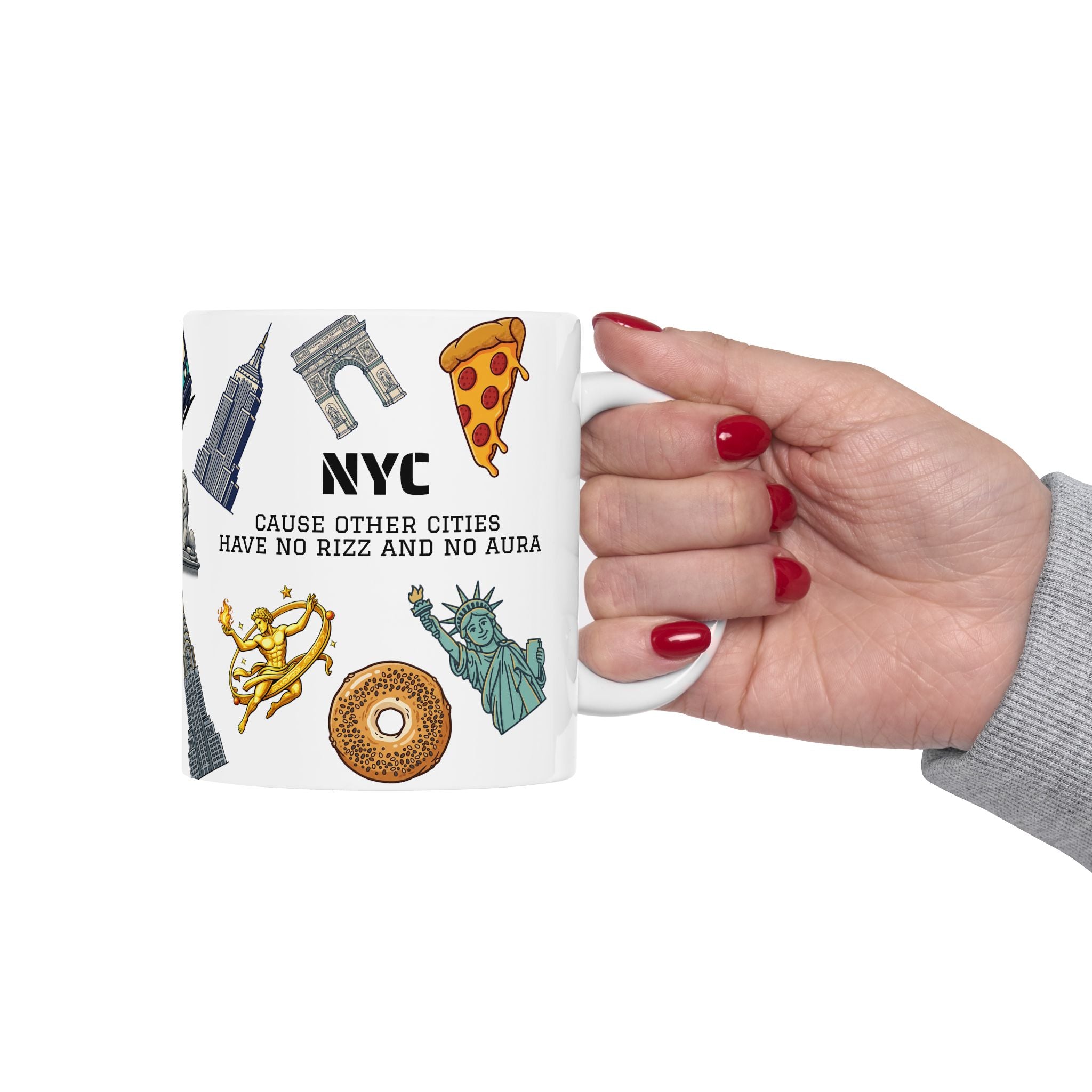 NYC Icons Rizz and Aura Mug | New York City Landmark Collage Ceramic Coffee Tea Mug