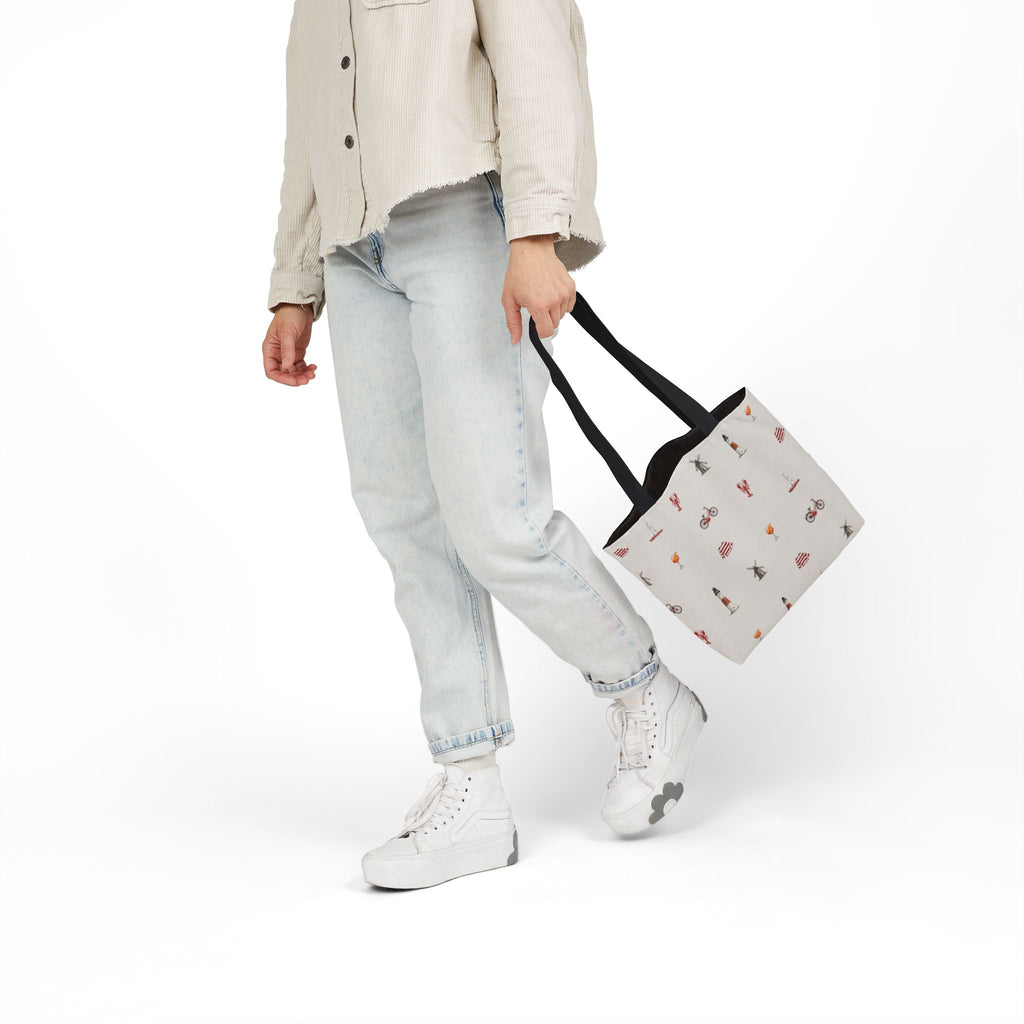 Icons of the Hamptons Heather Gray Canvas Tote — Lighthouse, Windmill, Lobster, Sailboat Icons