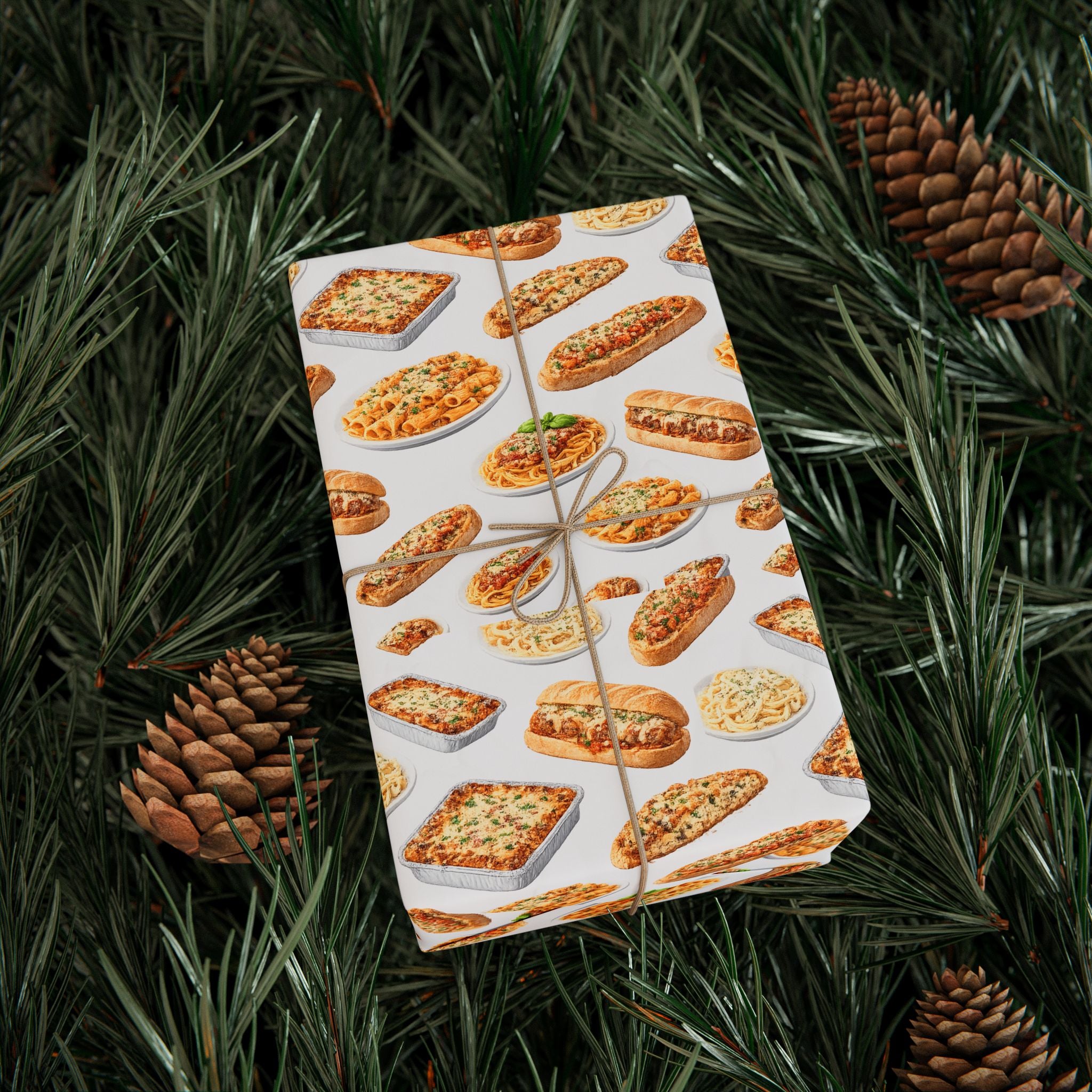 Italian Food Pattern White Gift Wrap Paper | Pasta Spaghetti Rigatoni Meatball Sub Wrapping Paper Roll, Foodie Party Wrap