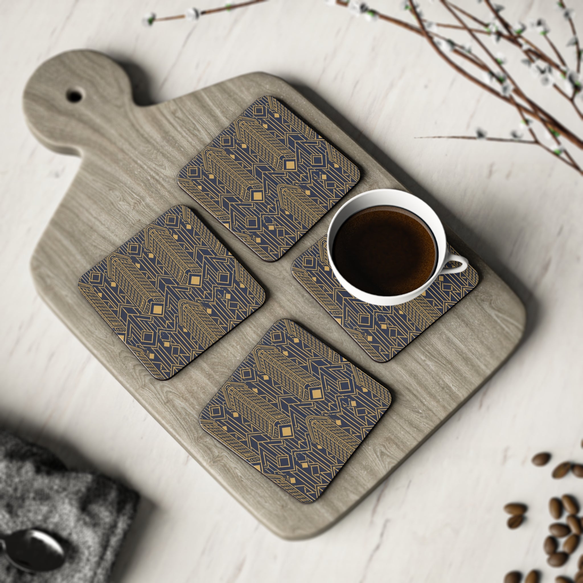 Art Deco Flatiron Building Gold & Navy Cork Coaster Set — Geometric Vintage Cocktail Coasters Set of 4