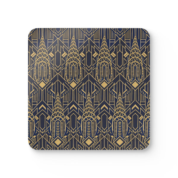 Art Deco Chrysler Building Gold & Navy Cork Coaster Set — Geometric Vintage Cocktail Coasters (4-Pack)