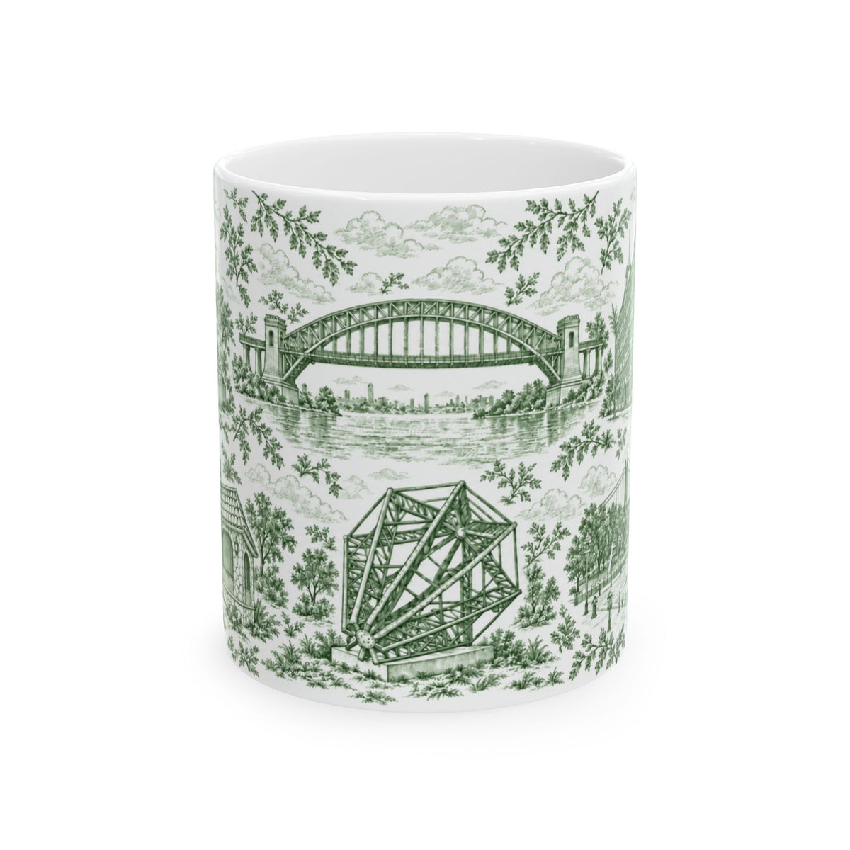Astoria Green Toile Cityscape Ceramic Mug — 11oz Decorative Coffee Cup