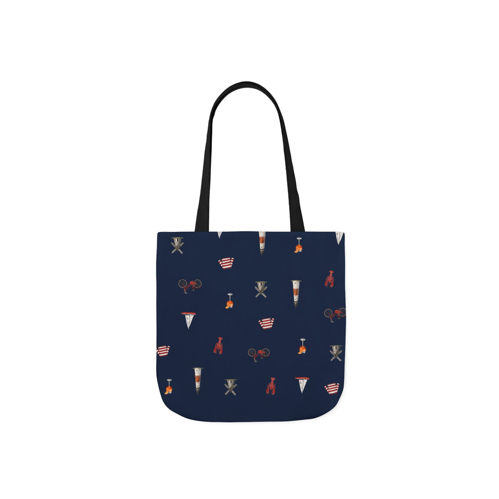 Icons of The Hamptons Blue Canvas Tote — Lighthouse, Windmill, Lobster, Sailboat print