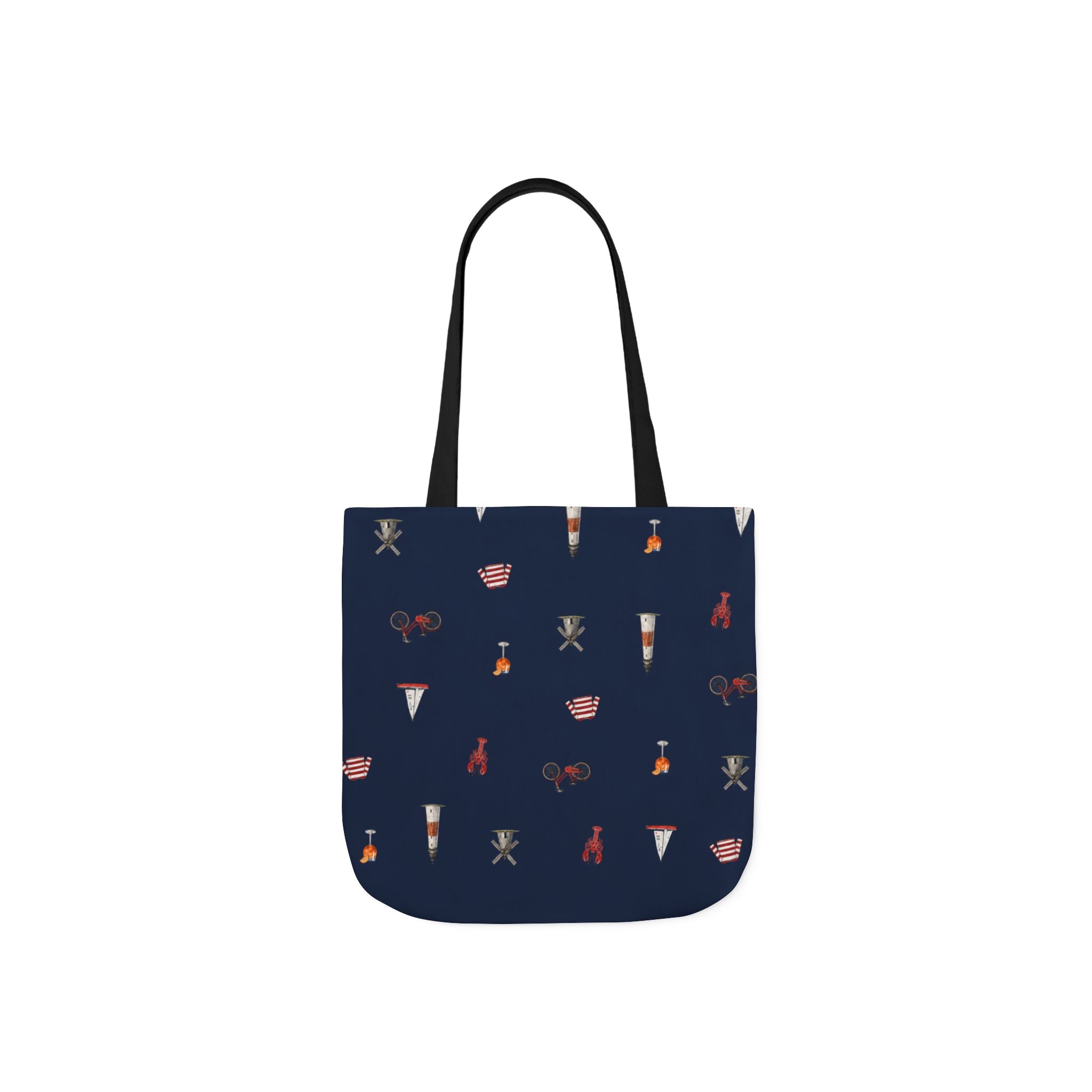 Icons of The Hamptons Blue Canvas Tote — Lighthouse, Windmill, Lobster, Sailboat print