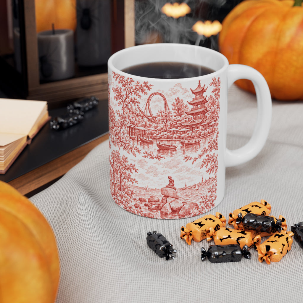 Copenhagen Red Toile de Jouy Ceramic Coffee Mug (11 oz, Ships from Europe)