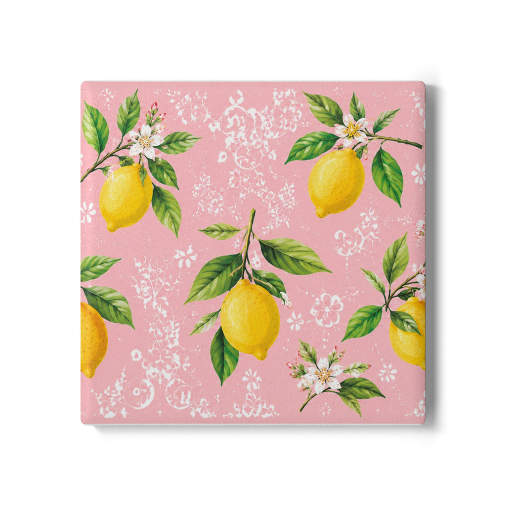 Little Italy Amalfi Pink with Lemon Ceramic Coaster — Mediterranean Lemon Pattern Drink Coaster
