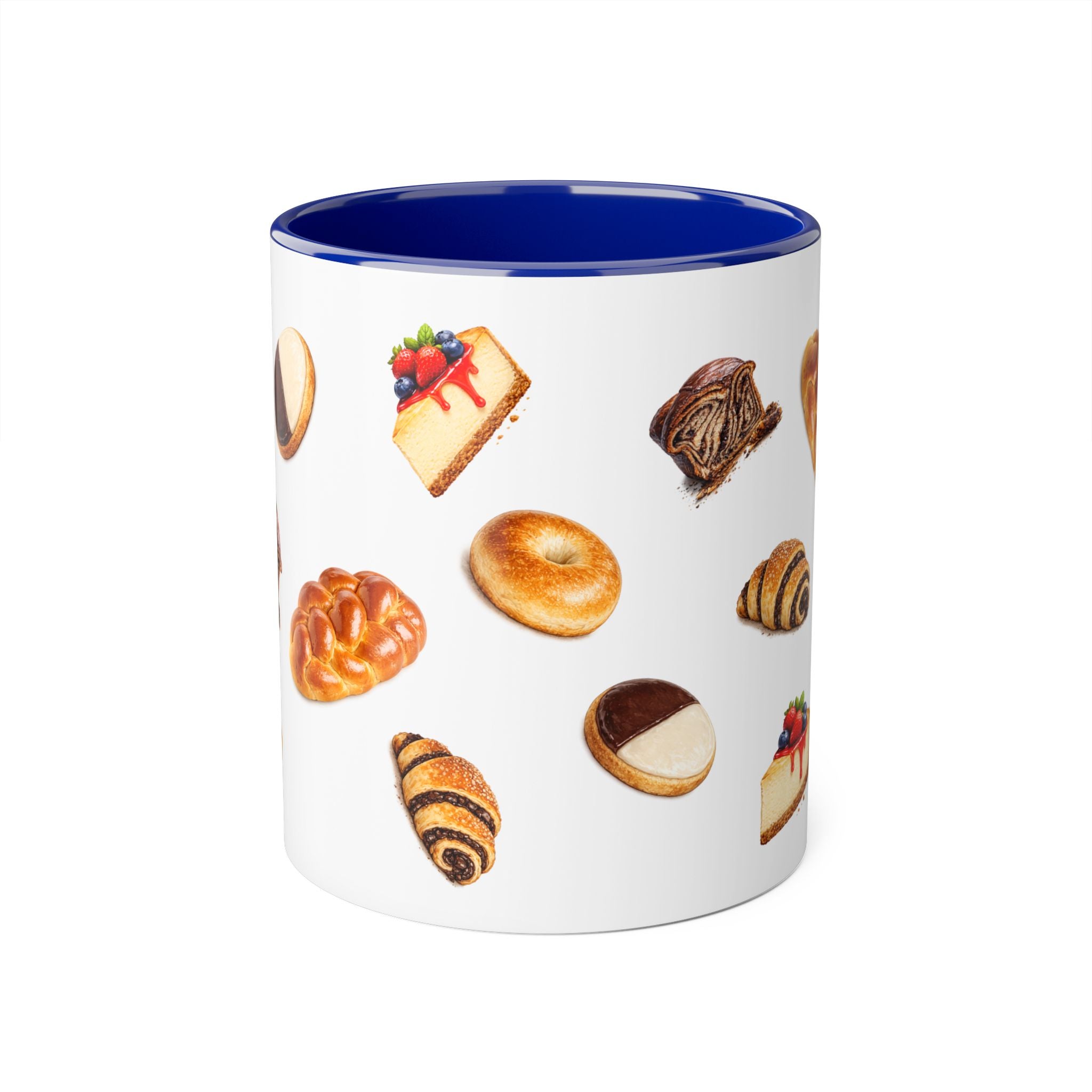NYC Kosher Bakery Pattern Mug | Babka Cheesecake Rugelach Black + White Cookie Challah Bagel 11oz Ceramic Coffee Cup