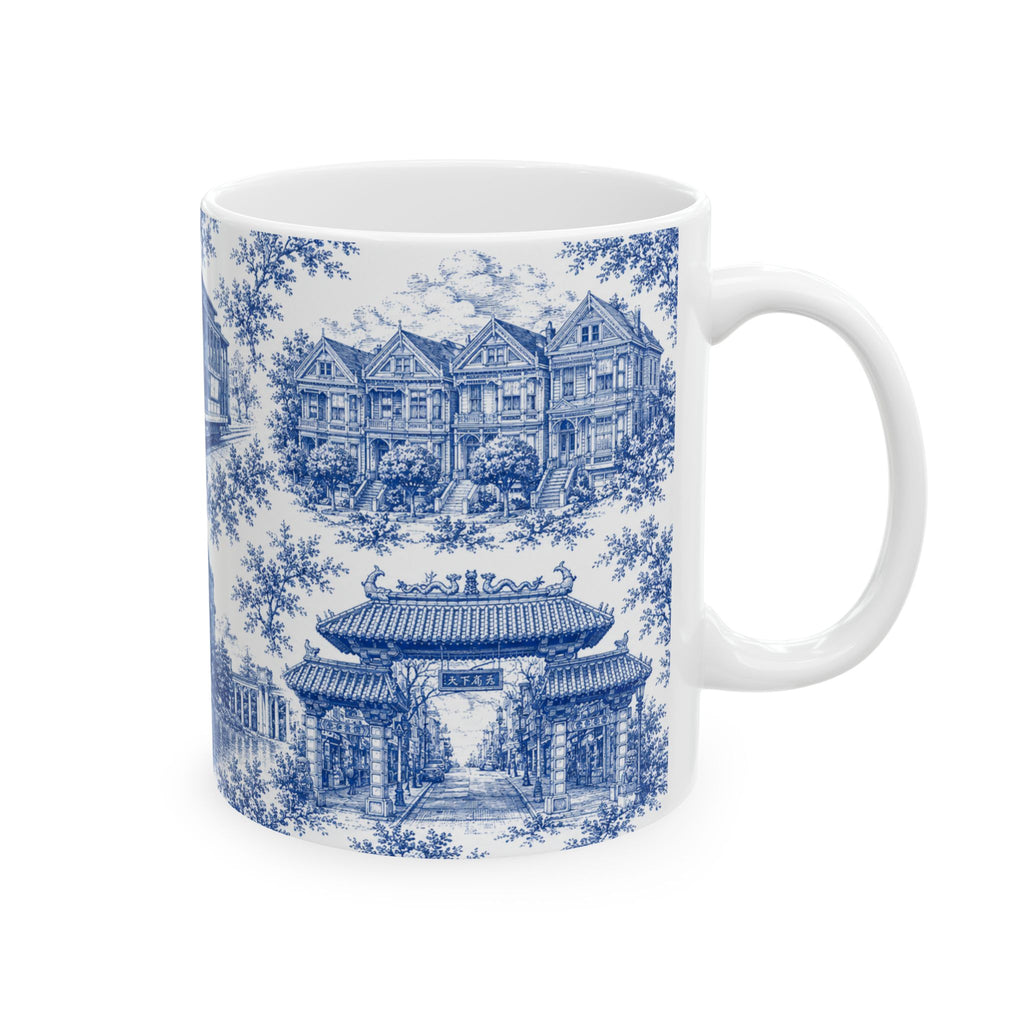 San Francisco Blue Toile de Jouy Ceramic Mug — Vintage Cable Car & Palace of Fine Arts Design (11oz)