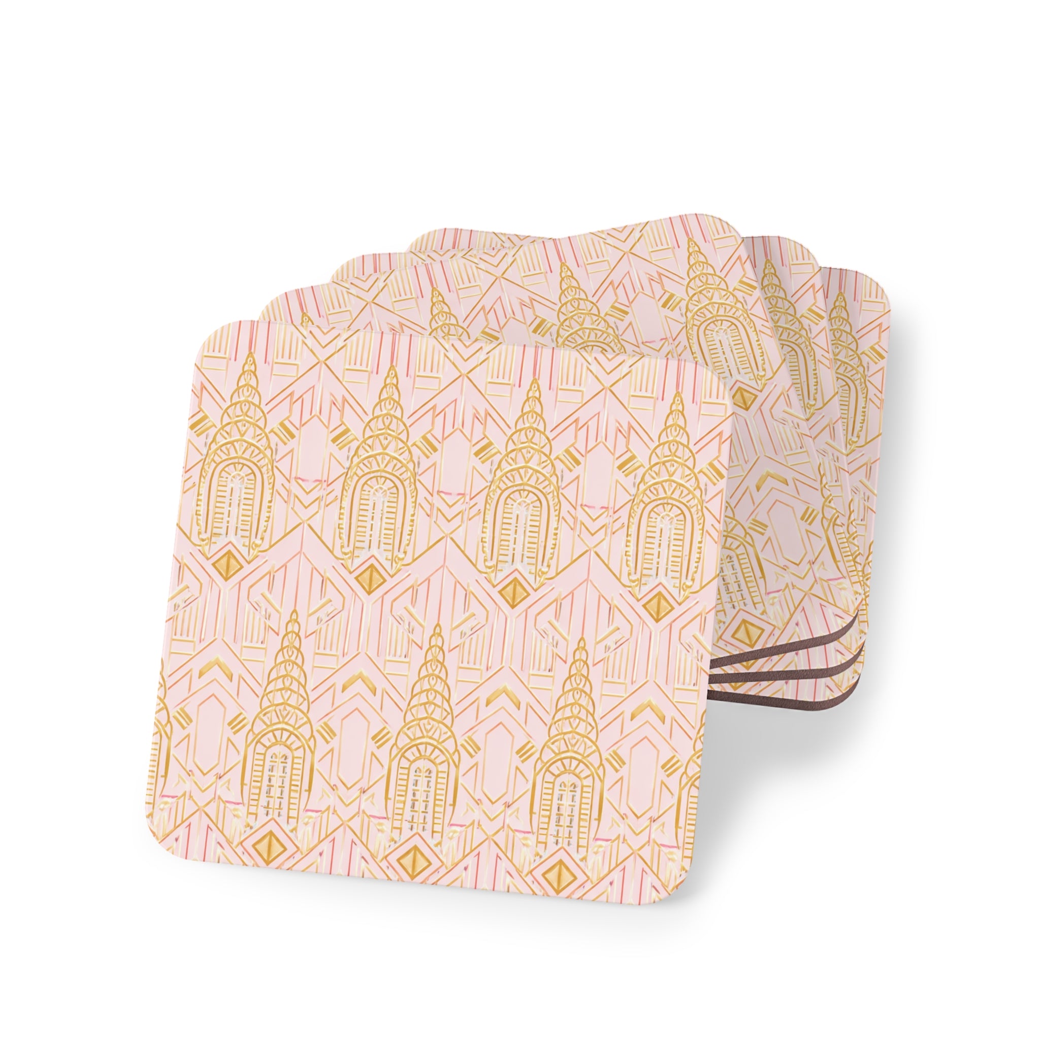 Art Deco Chrysler Building Gold & Pink Cork Coaster Set — Geometric Cocktail Coasters Set of 4